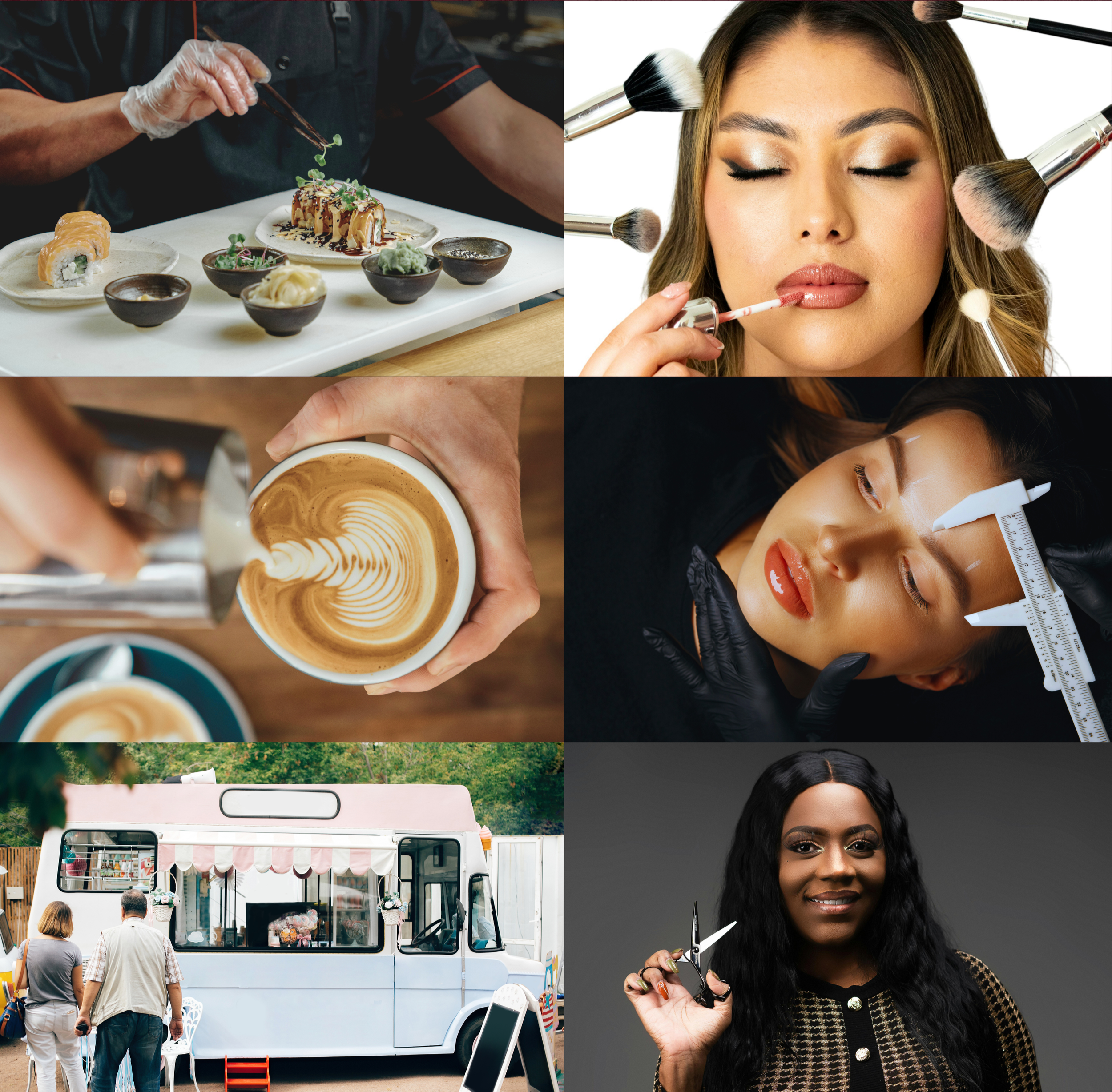 Six images feature various scenes. The first shows a chef garnishing sushi on a white surface with small bowls of soy sauce and wasabi. The second depicts a woman with eyes closed receiving makeup application, surrounded by brushes. The third shows a barista pouring latte art into a cup of coffee. The fourth captures a woman receiving a cosmetic facial treatment with medical tools and a ruler measuring her face. The fifth displays a food truck outdoors with two people walking toward it. The sixth features a woman with long, wavy black hair holding a pair of scissors, smiling at the camera against a dark background.