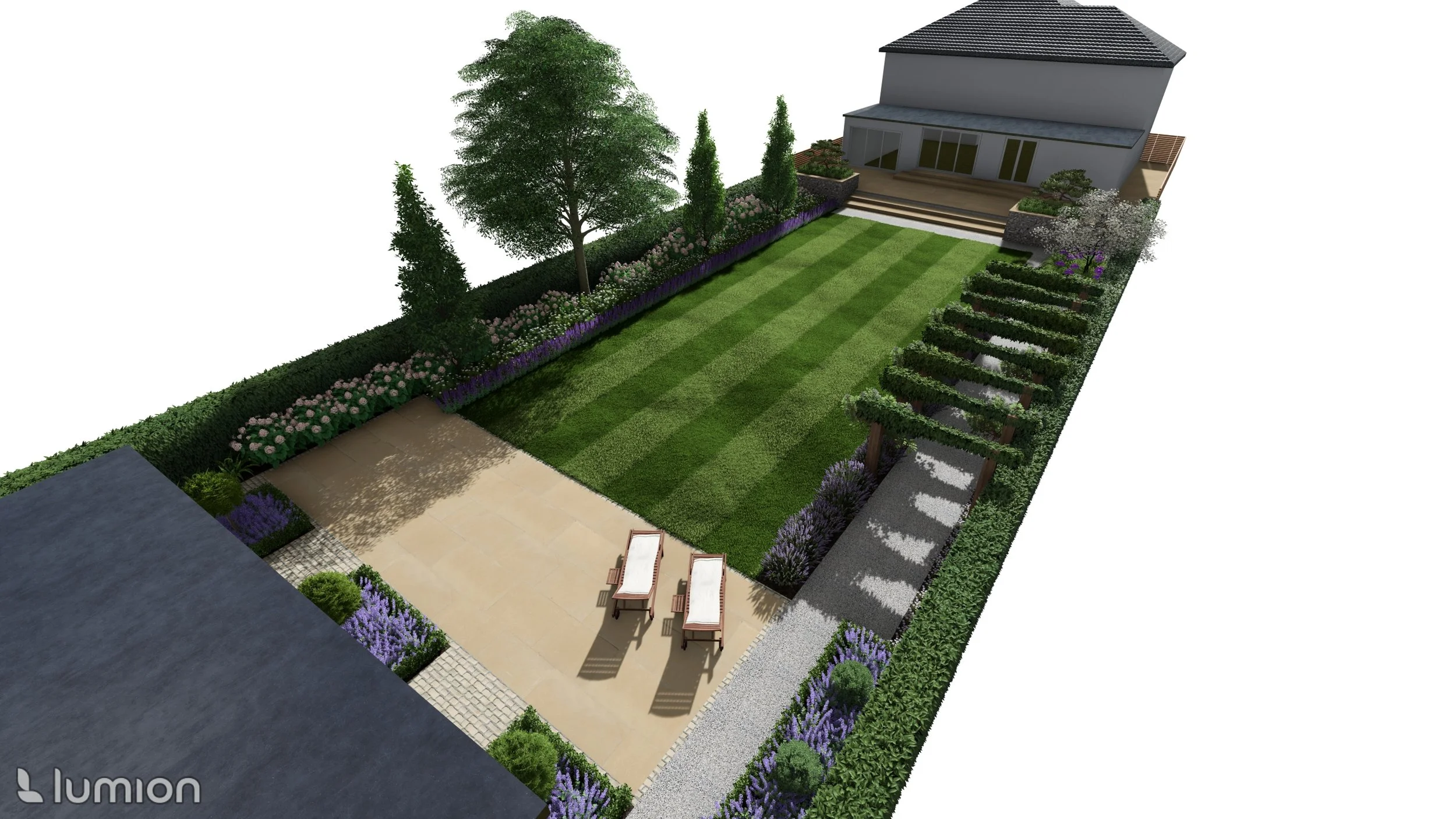 A landscaped backyard with a grassy lawn, garden beds with flowering plants, trees, a patio with outdoor furniture, a pergola, and a house with steps leading to a deck.