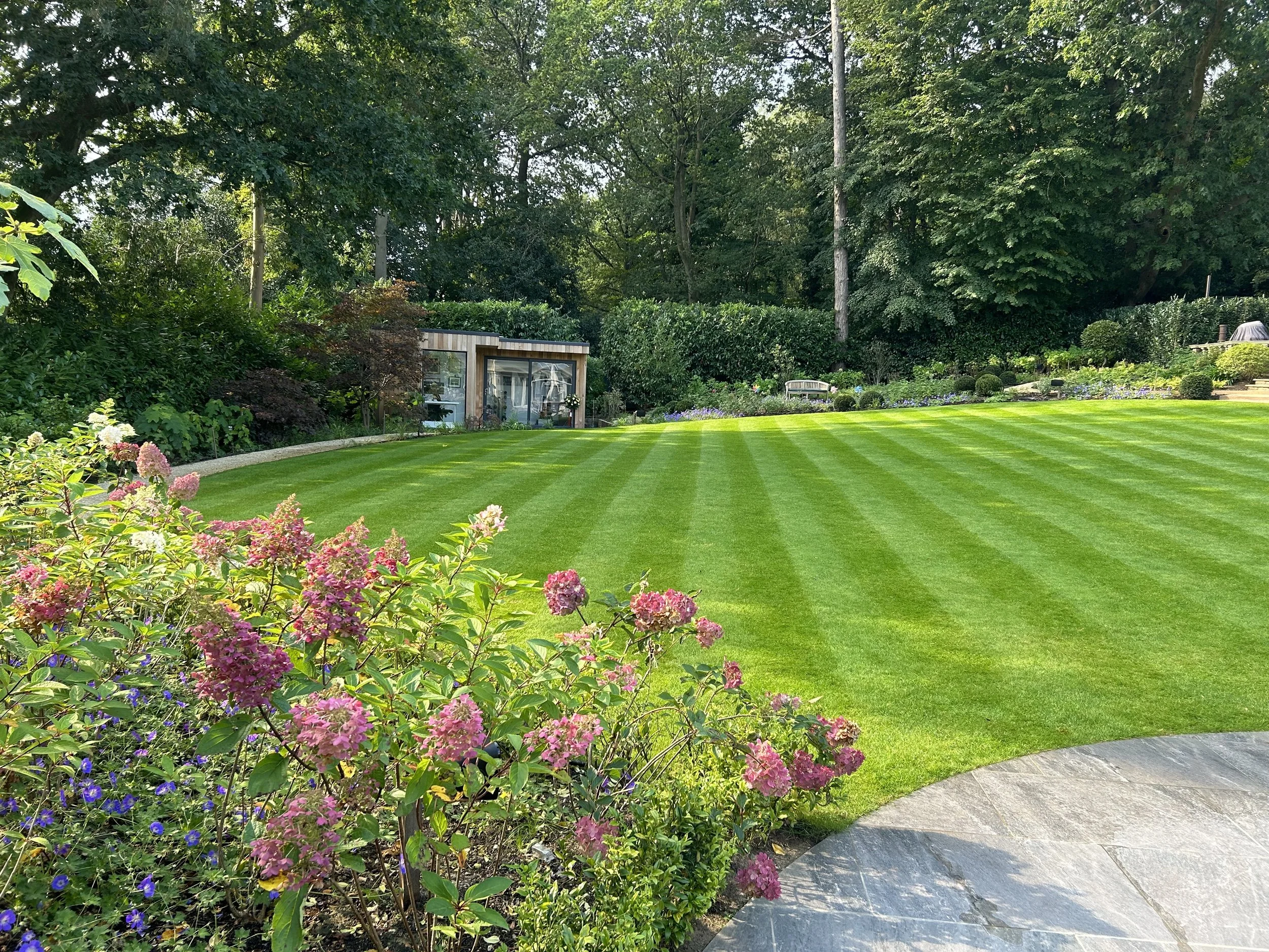A well-maintained backyard lawn with striped grass, surrounded by colorful flowers and lush green trees, with a small shed or greenhouse in the background.