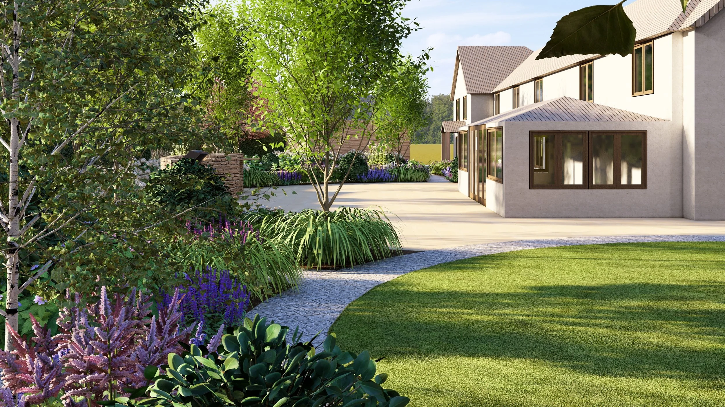 A luxurious modern house in Berkshire with white exterior walls and large windows, surrounded by a well-maintained garden with lush green lawns, variety of flowering plants, shrubs, and trees, with a paved pathway leading to the house.
