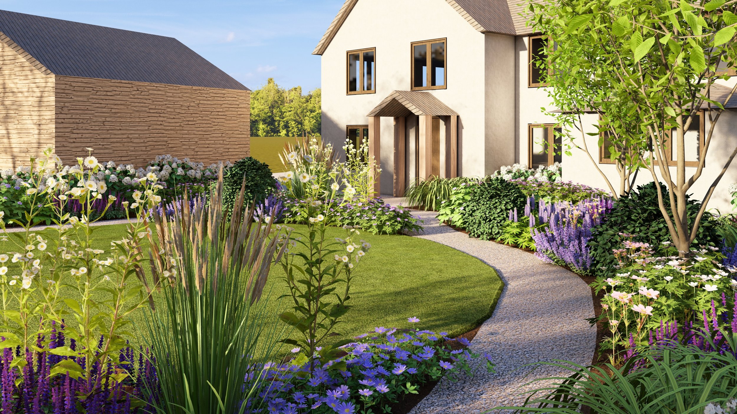 A garden in front of a house in Berkshire featuring a winding gravel pathway, colorful flowers, green bushes, and trees, with a modern two-story house with large windows and a small front porch.