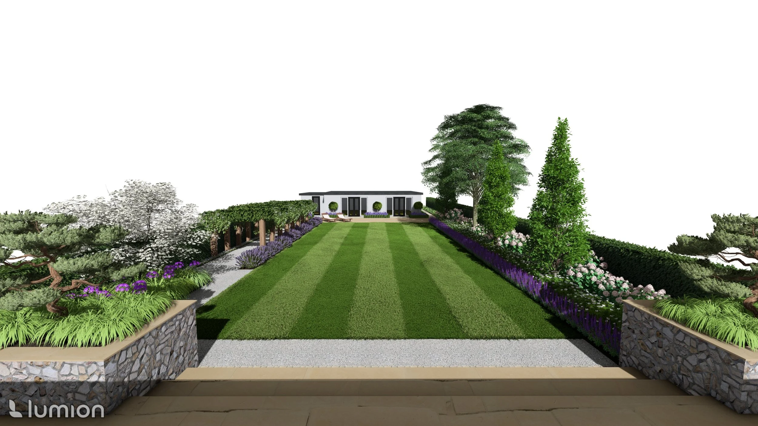A well-maintained garden with a central striped lawn, flanked by flower beds with purple, white, and green plants, and a small white modern building in the background.