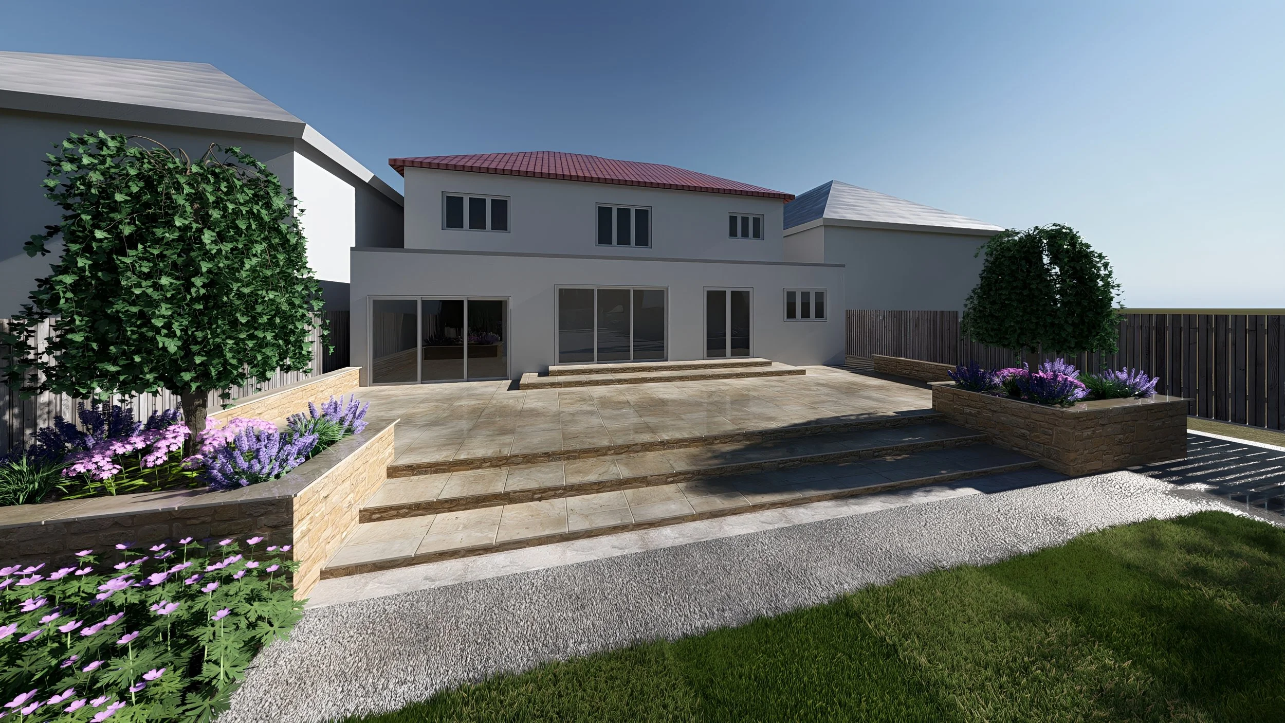 Backyard patio with stone stairs, manicured grass, trees, flower beds, and a two-story house with large glass doors and windows under a clear blue sky.