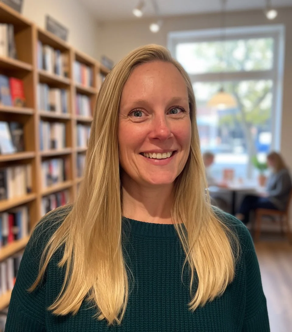 A smiling woman with long blonde hair in a bookstore or library, surrounded by shelves filled with books, and seated near a large window letting in natural light.