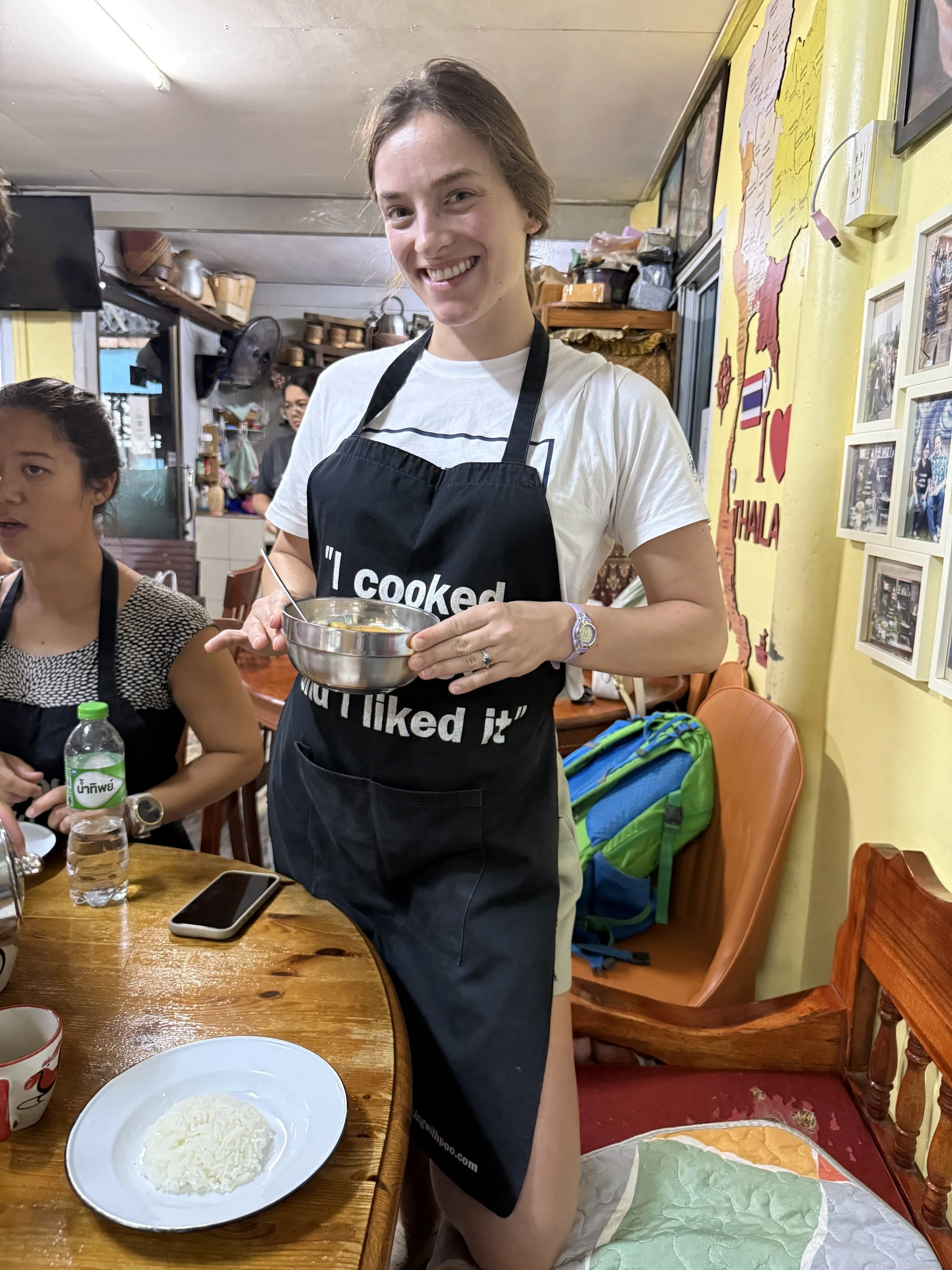  We also took a cooking class in Thai food, learning about the spices that make up the familiar taste of pad thai, as well as our new favorite thai dish- masaman curry. We also got to try some of the more adventurous foods- fried sob worm, durian, bl