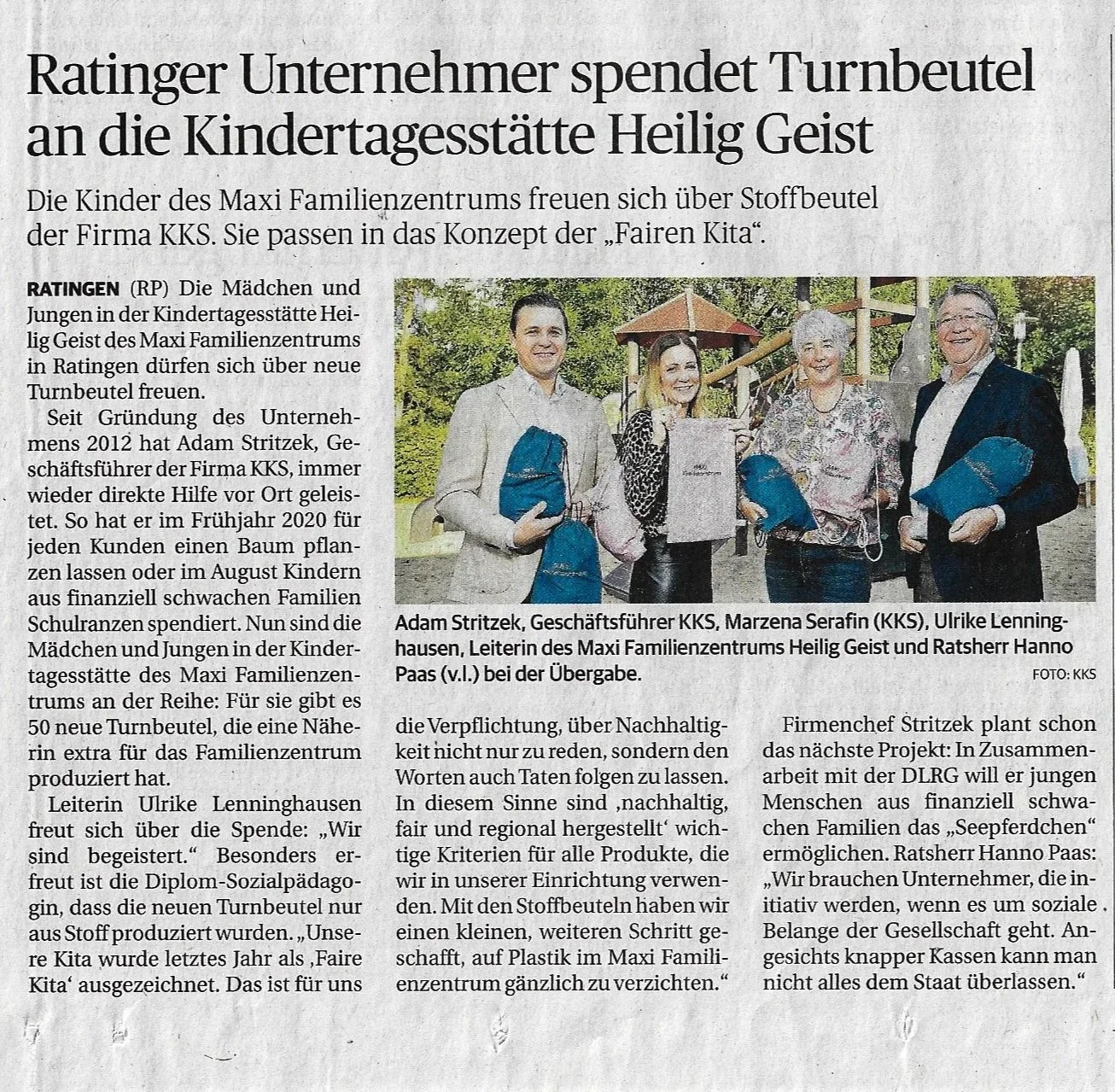 KKS Group, Spendenaktion, Turnbeutel, Adam Stritzek, Familienzentrum, Heilig Geist