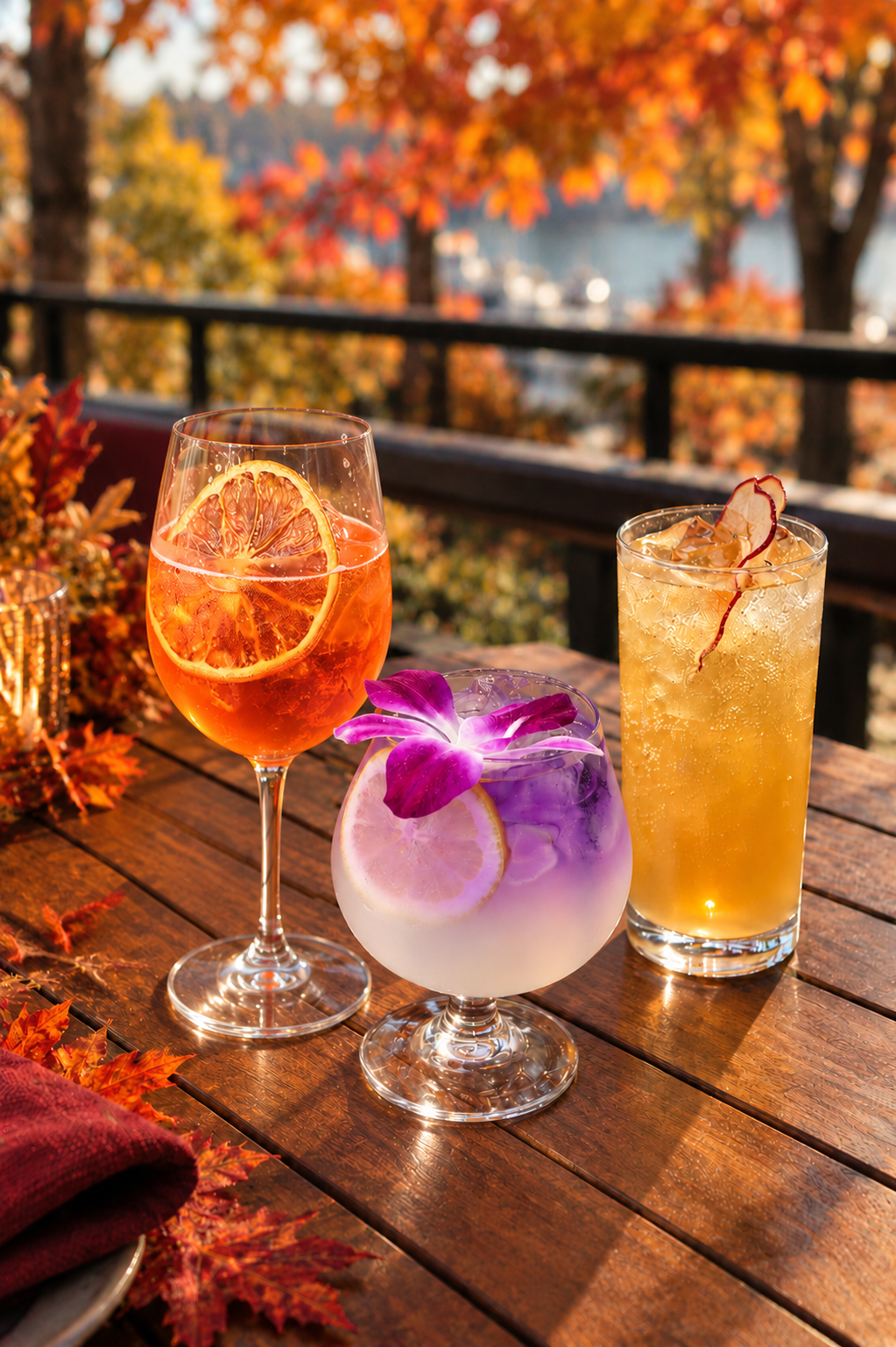 A beautiful selection of handcrafted cocktails displayed on a rustic wooden patio table, surrounded by vibrant autumn foliage and warm golden sunlight. Featuring a refreshing orange spritz garnished with citrus, a stunning purple floral cocktail, and