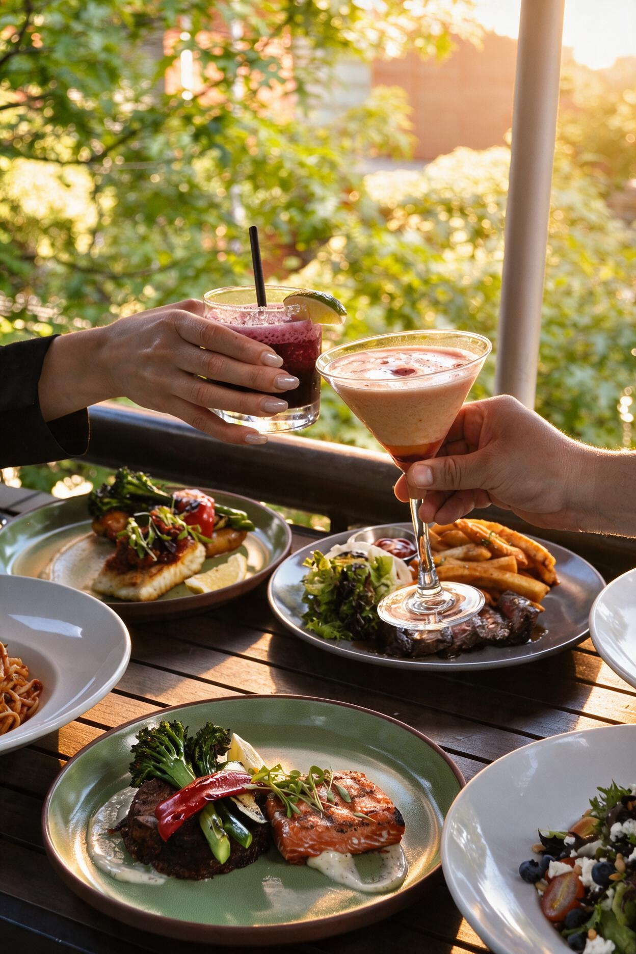 A beautiful outdoor dining experience featuring a delicious selection of West Coast-inspired dishes and handcrafted cocktails. Set against a backdrop of lush greenery and warm golden sunlight, guests raise their glasses over a table filled with fresh