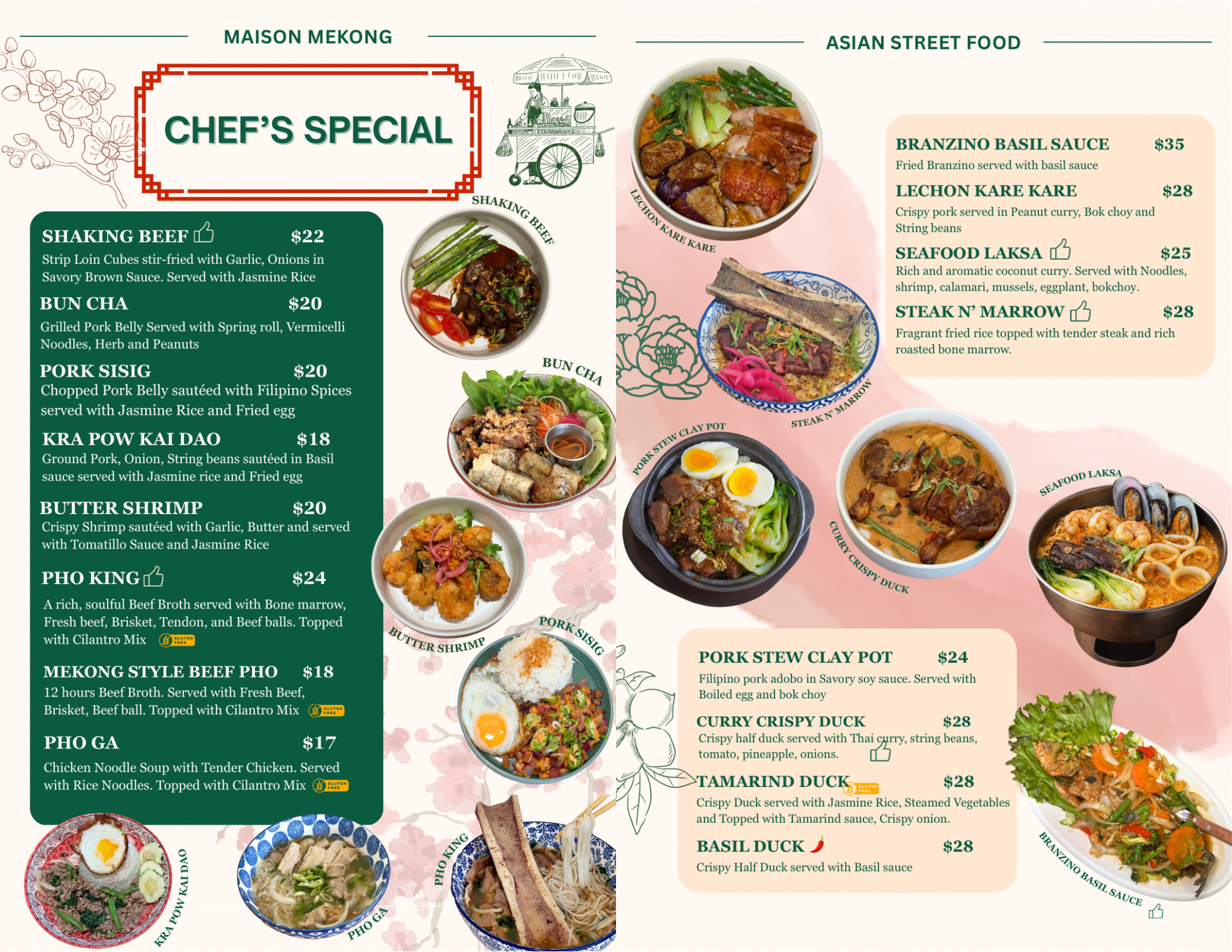 A menu page featuring Asian street food dishes and chef's specials, with photographs of dishes such as brazino basil sauce, lechon kare kare, seafood laksa, steak n' marrow, pork stew clay pot, curry crispy duck, tamarind duck, basil duck, Vietnamese, pho king, Mekong style beef Pho, and pho ga.
