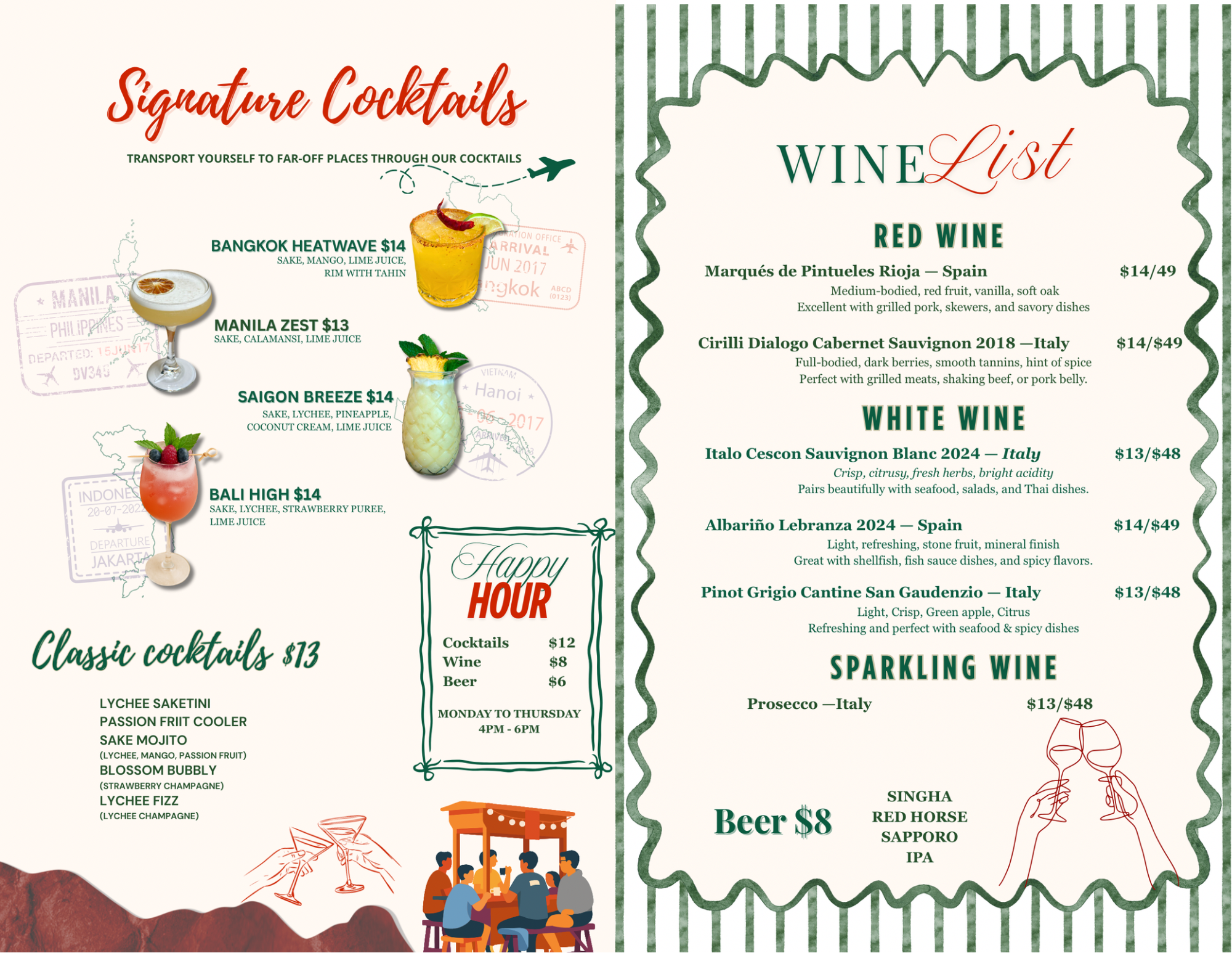 A menu featuring a selection of signature cocktails on the left, including drinks like Bangkok Heatwave, Manila Zest, Saigon Breeze, and Bali High, with brief descriptions and prices. The right side lists various wines, both red and white, with their descriptions, origins, and prices.