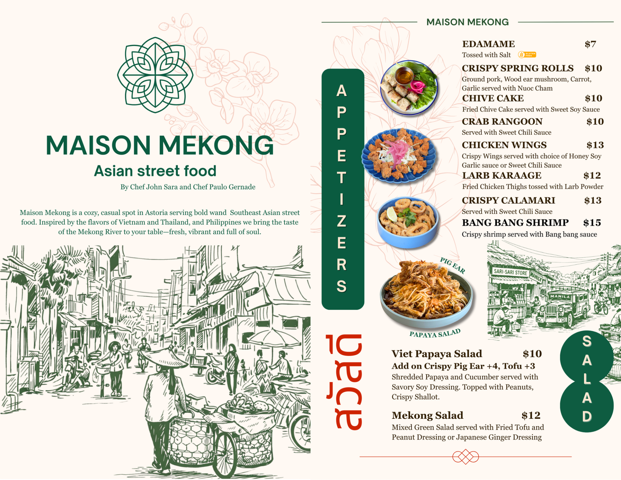 Menu of Maison Mekong featuring Asian street food dishes with images of spring rolls, chive cake, crab rangoon, chicken wings, calamari, Vietnamese papaya salad, and other items.