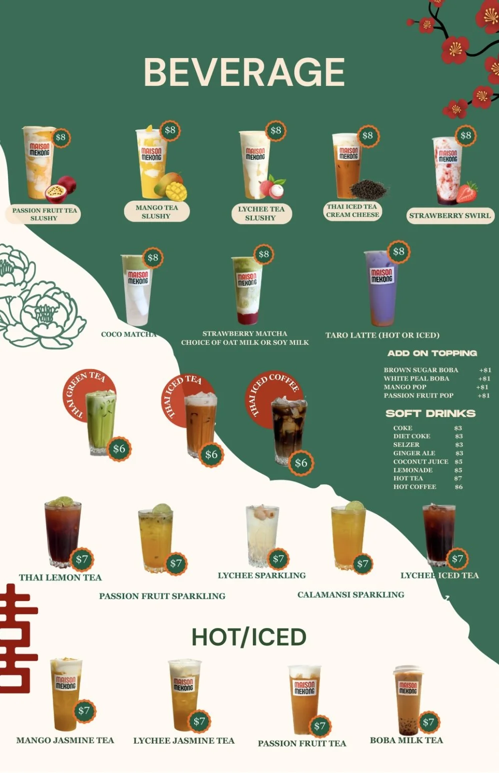 Menu featuring various teas, matcha, iced coffee, and soft drinks, with prices mostly at $8, including options like passion fruit tea, mango tea, lychee tea, strawberry swirl, and more.