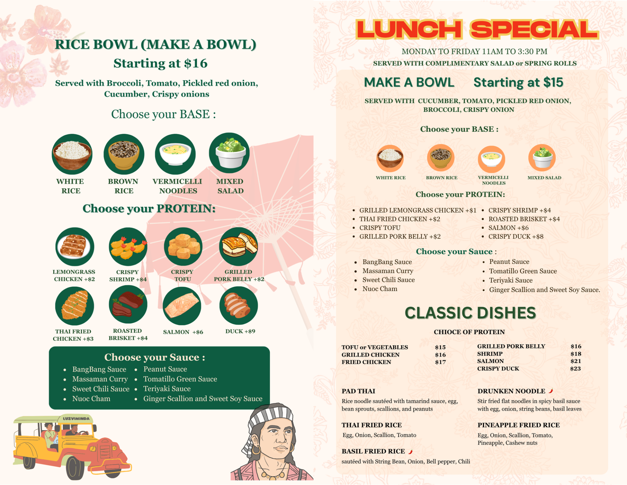 Menu offering rice bowls, lunch specials, classic dishes, and various protein options. Includes images of rice, noodles, salad, and different meat and seafood proteins.