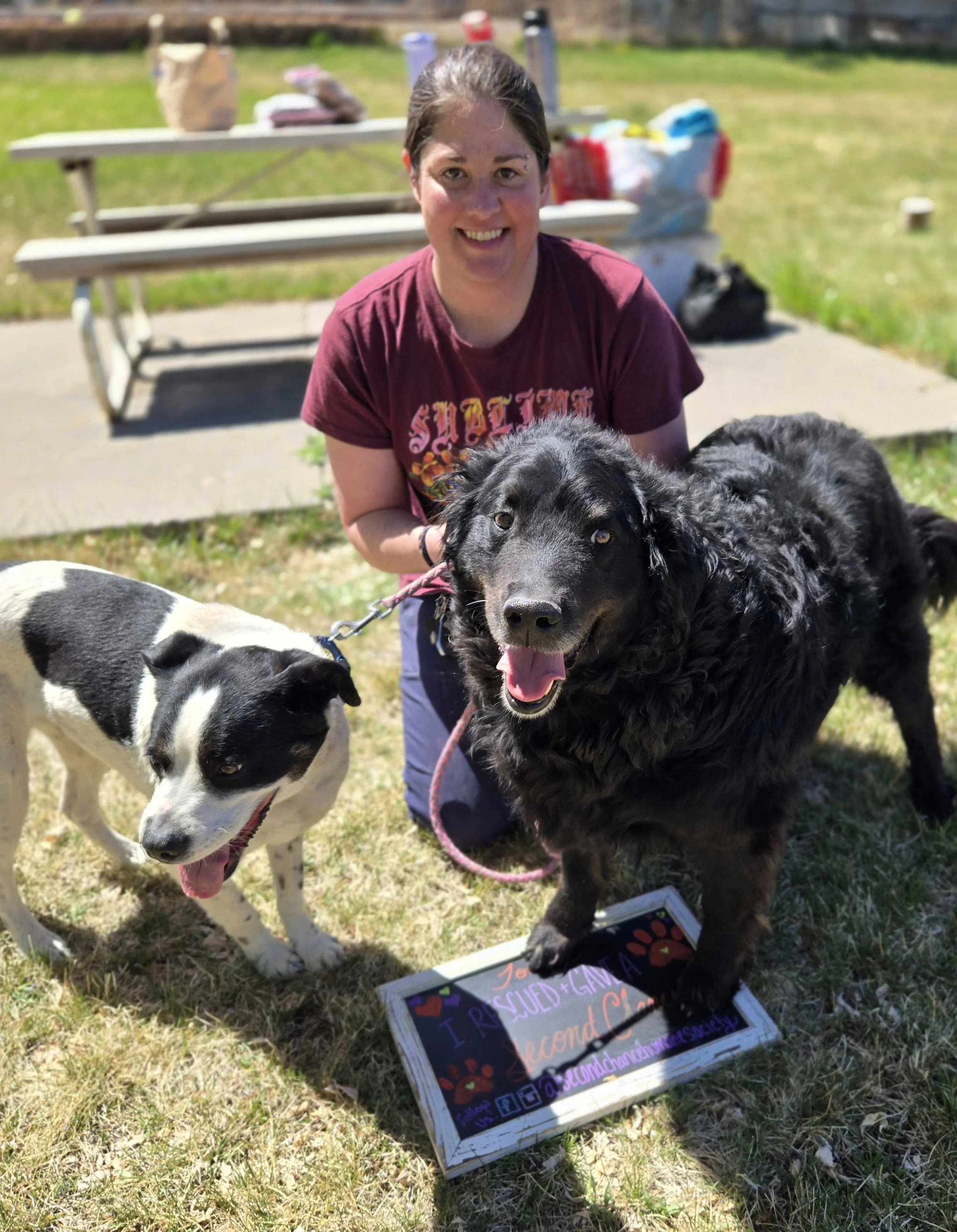 A woman kneeling on grass with two dogs at a Second Chance adoption event. The black dog is standing on a small chalkboard sign on the ground with colorful writing. In the background, there is a picnic table with bags and other items on it.