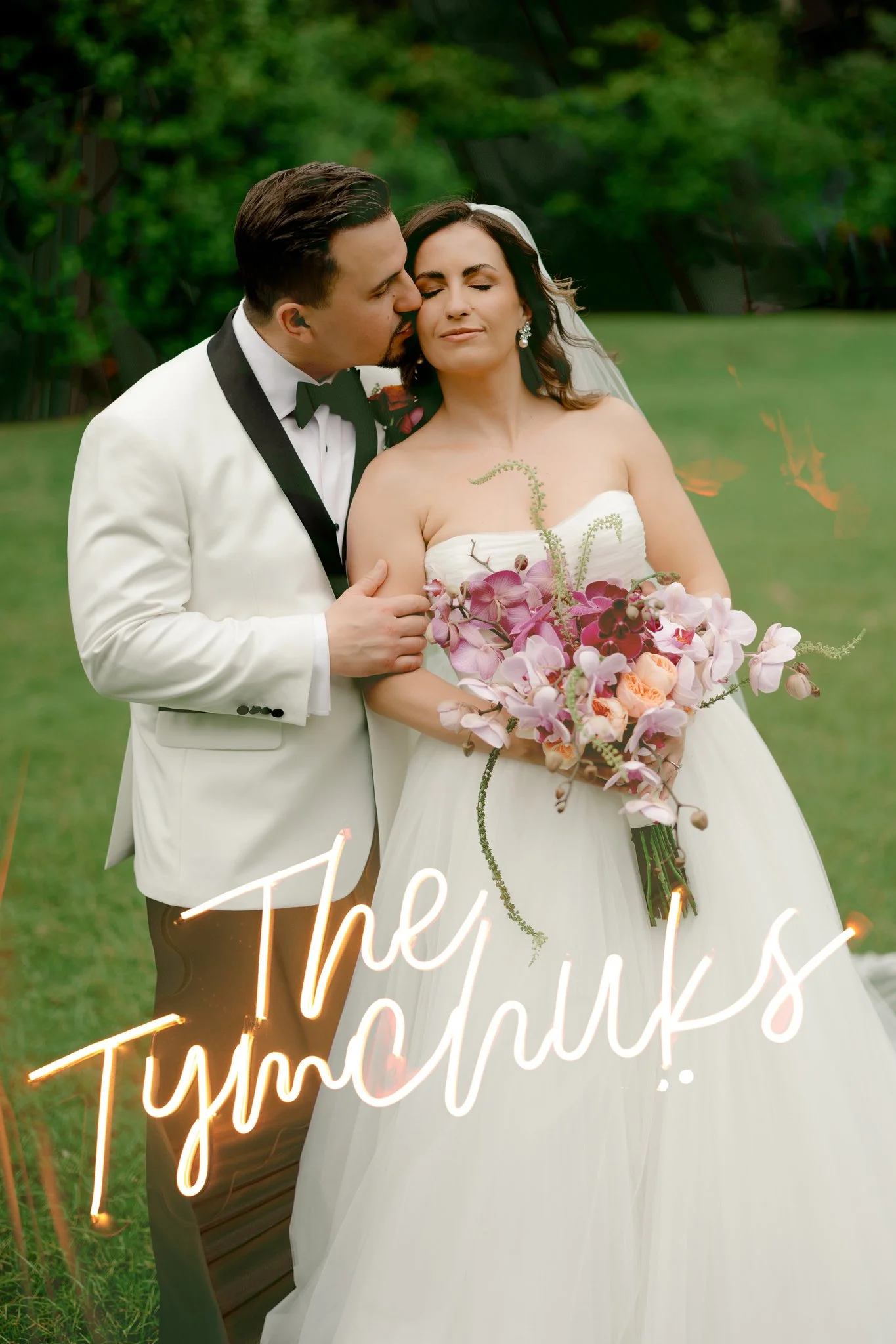 Double Exposure of Groom Kissing Bride in Tropical Folliage and a Neon Sign.