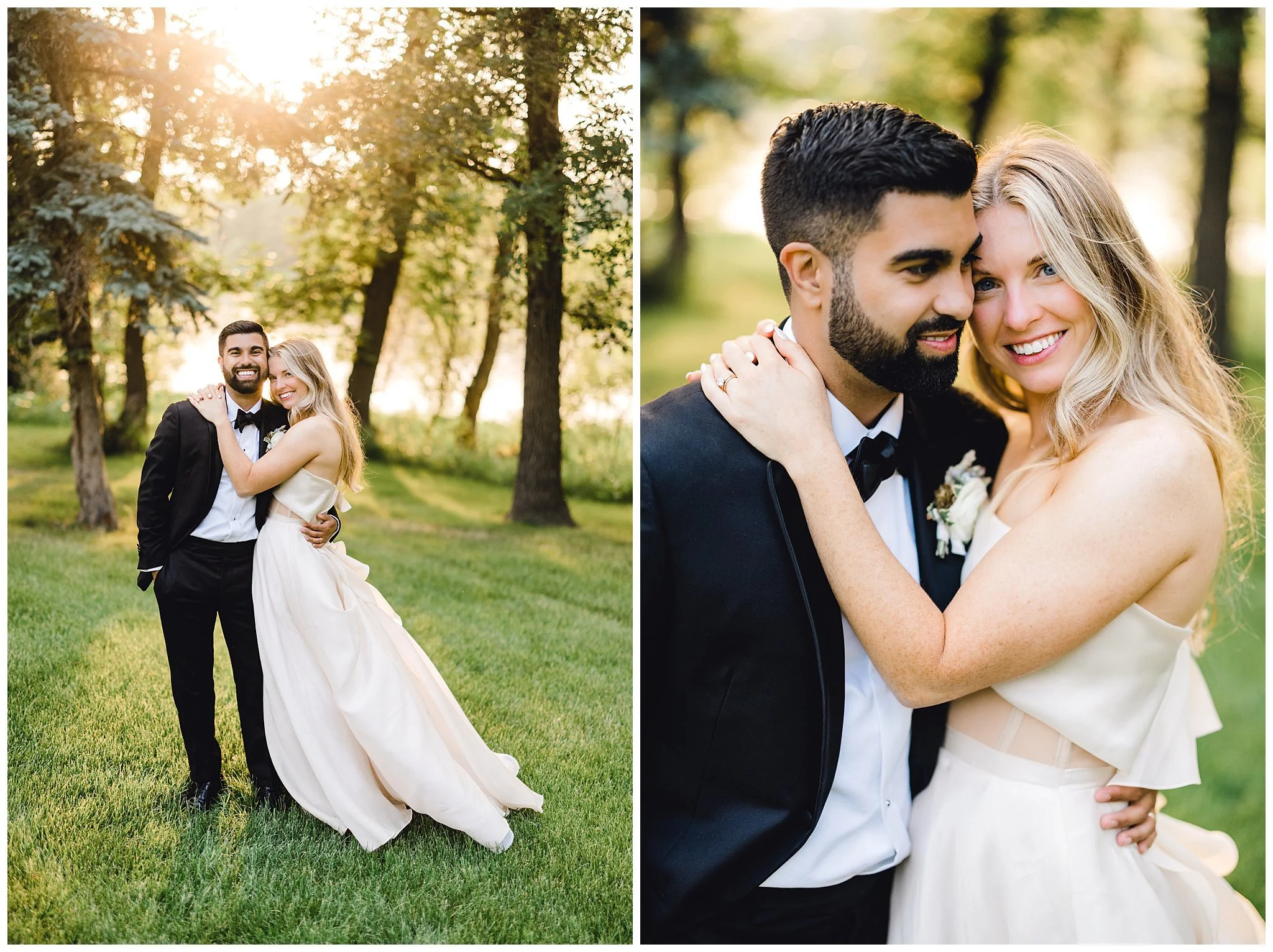 Bride and groom naturally embrace eachother at sunset
