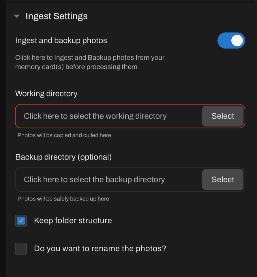 Screenshot Aftershoot AI Software Ingest Setting Software