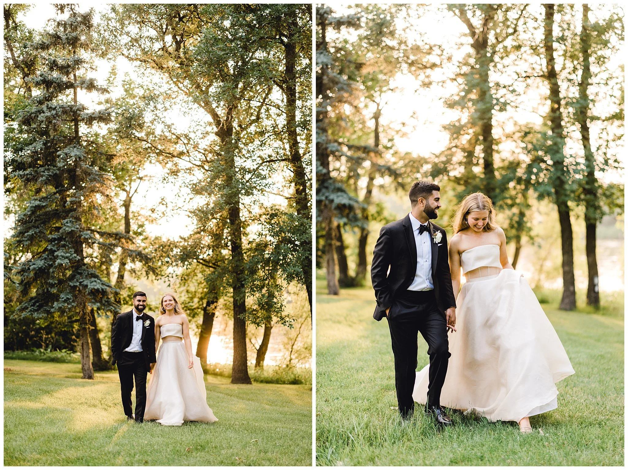Bride and groom walk carelessly across the yard at sunset.