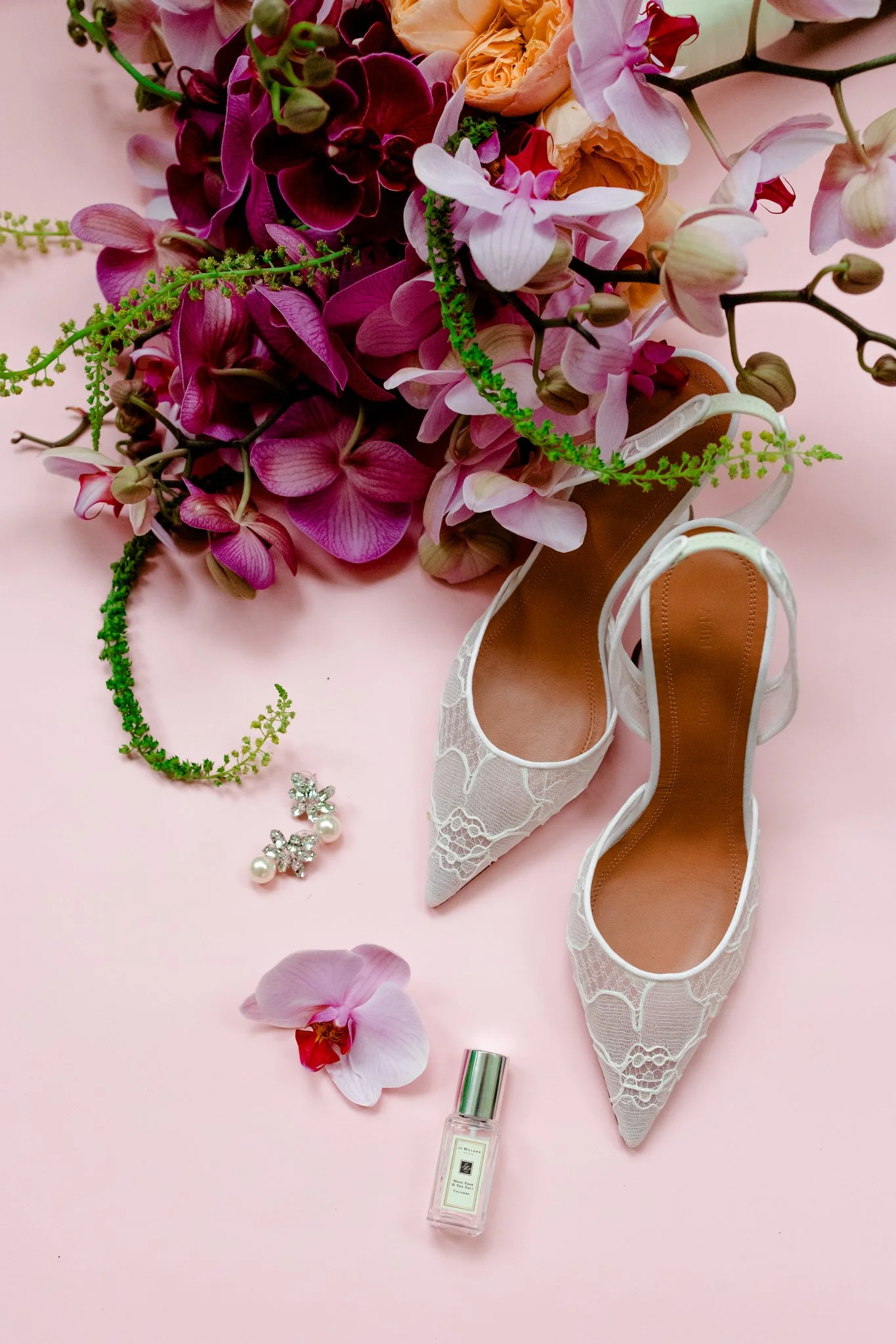 Flatlay Detail Bridal Shot of Shoes Pink Orchids.