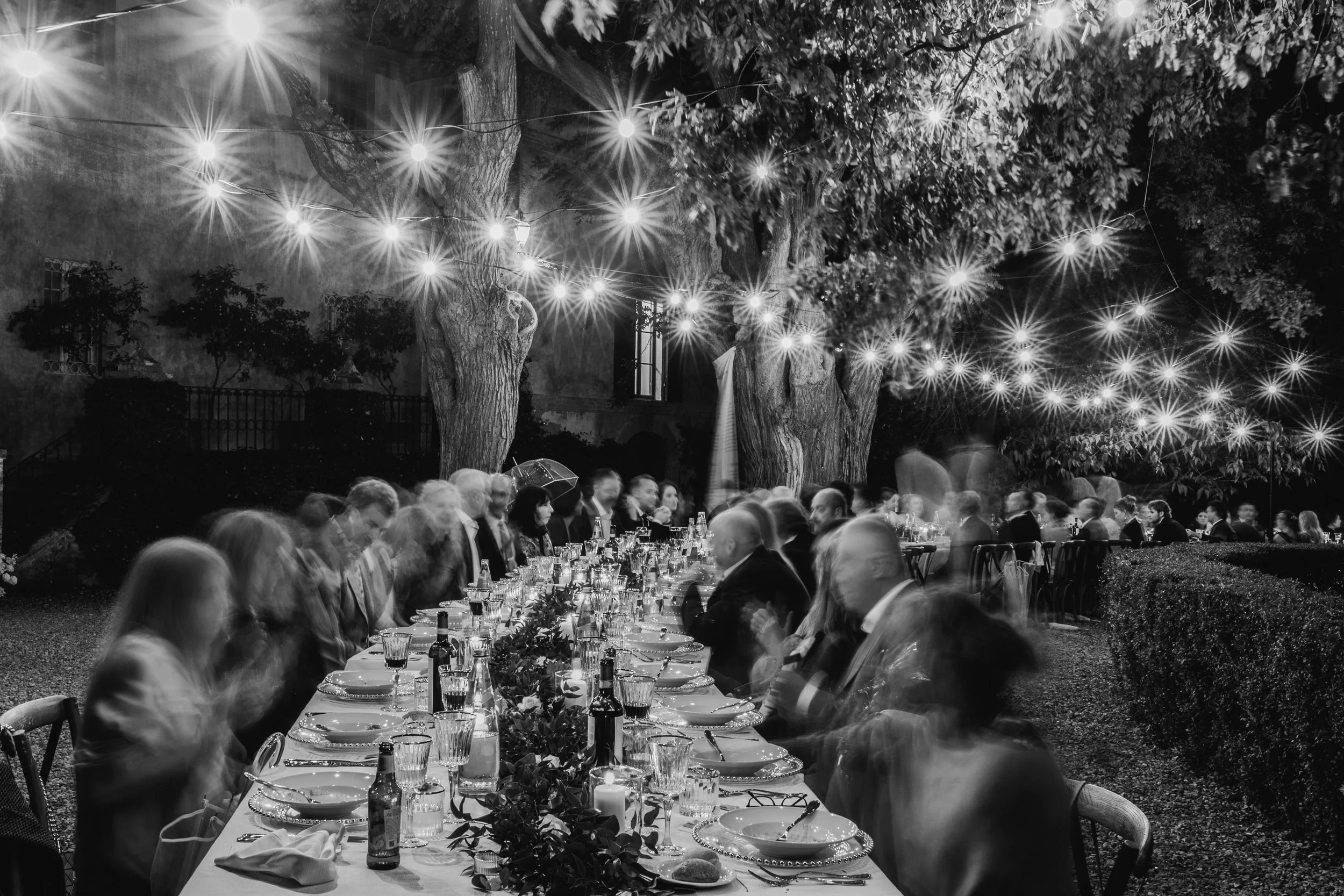 Nighttime outdoor dinner party with long table, guests, string lights, trees, and bushes.