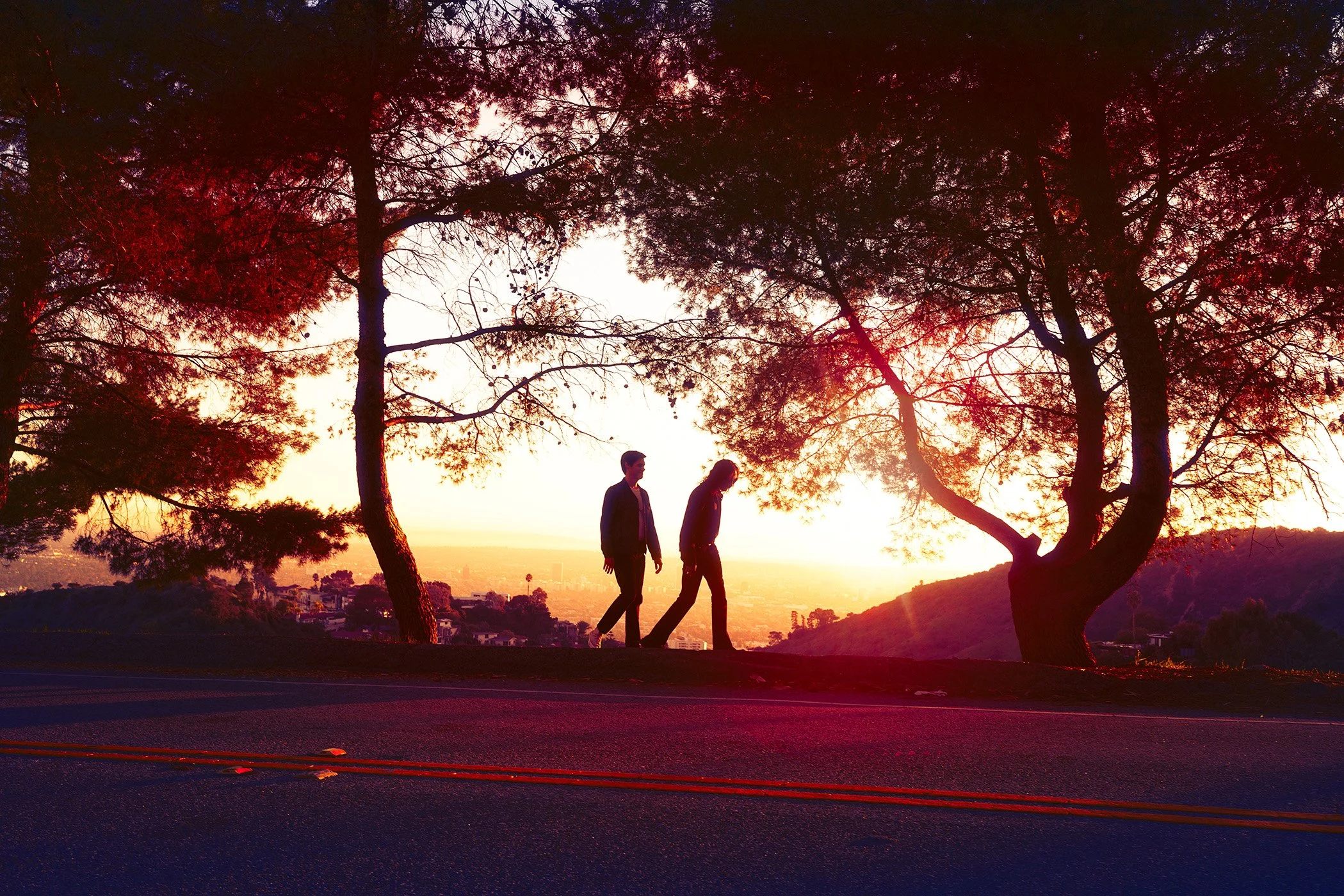 Silhouettes of the band members of Owling, walking on a hilltop during sunset, with large trees and a cityscape in the background, photographed by Zoe Rain.
