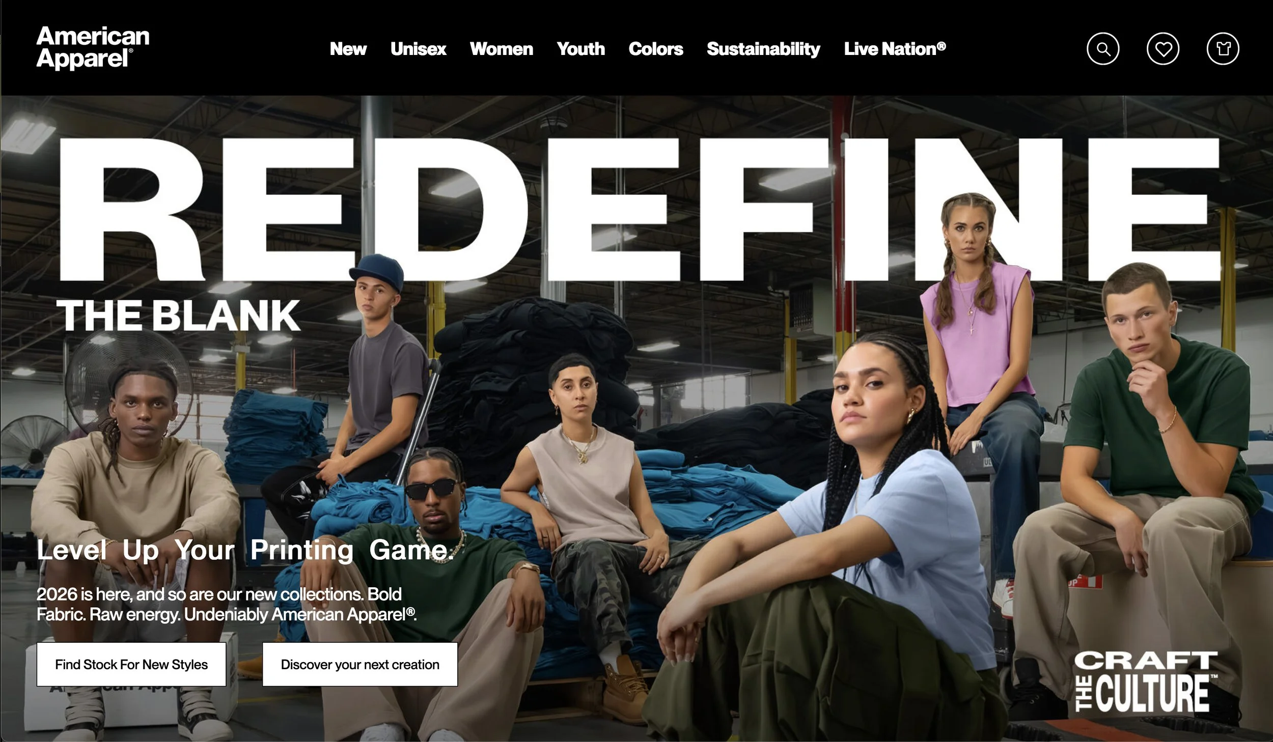 An American Apparel campaign photo taken by Los Angeles photographer Zoe Rain, featuring young people sitting and standing in a warehouse surrounded by stacks of folded fabric and apparel, with bold text overlay.