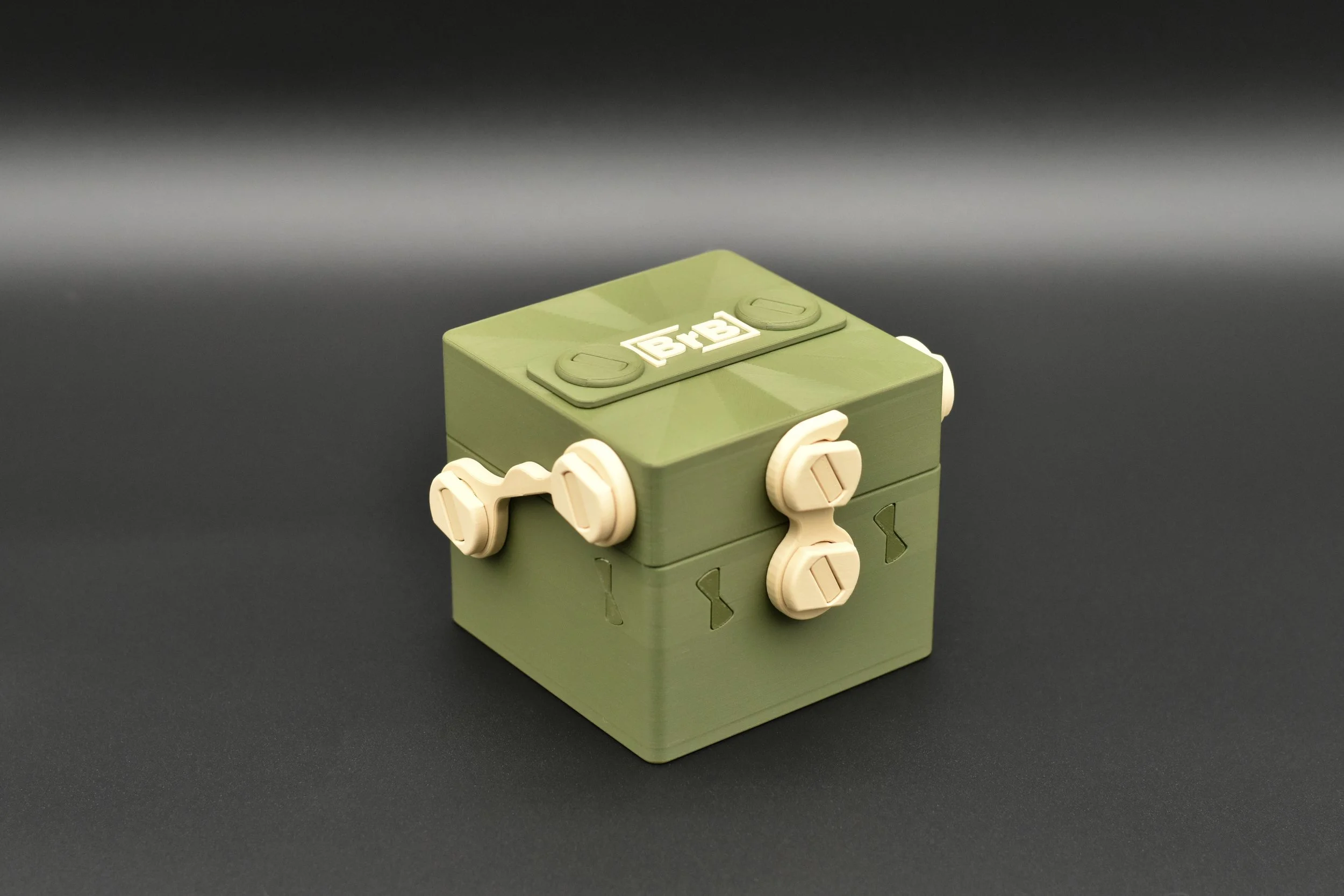 A securely closed Token Box in a Green and Tan color scheme, highlighting its durable construction and secure latching system.