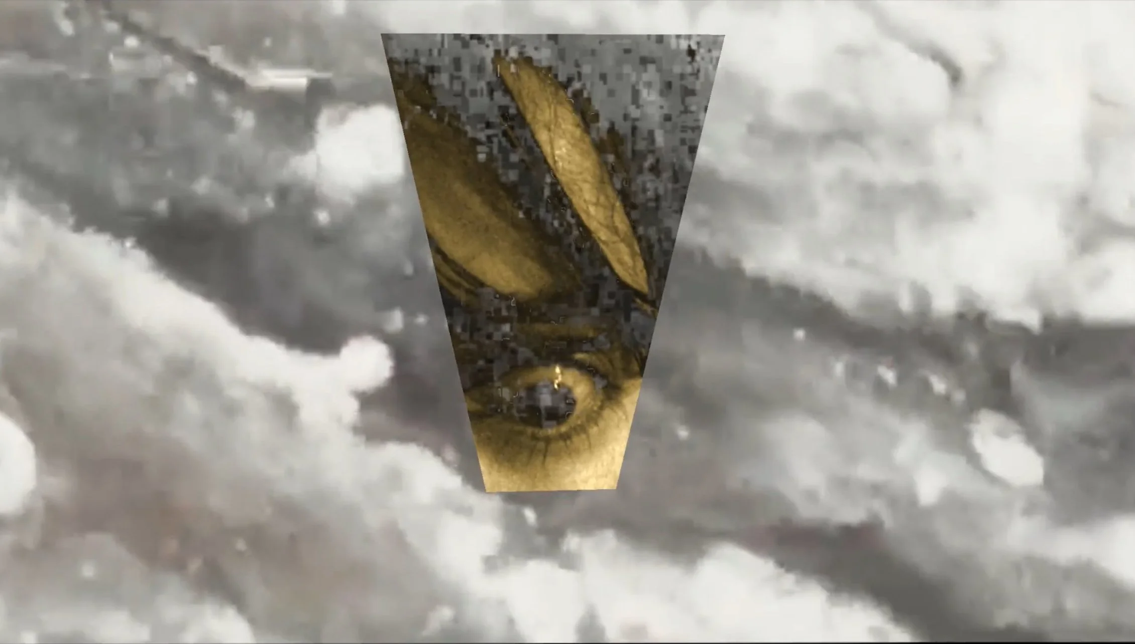 A surreal digital collage featuring a cloudy sky background with a distorted, rectangular portrait of a man's eye and face embedded in a geometric shape.