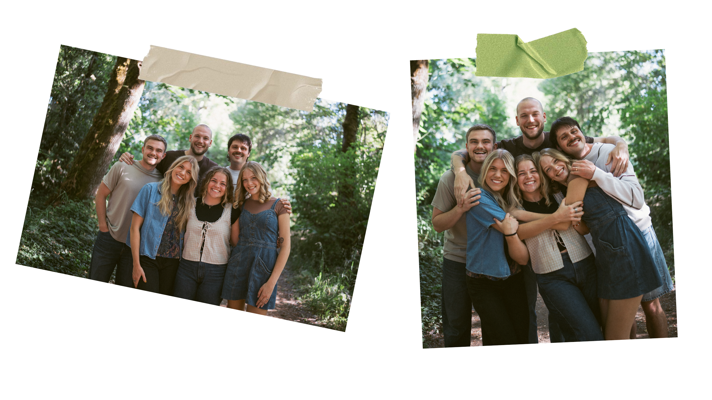 Two photos of a group of five friends smiling and hugging in a forest setting with trees and sunlight.