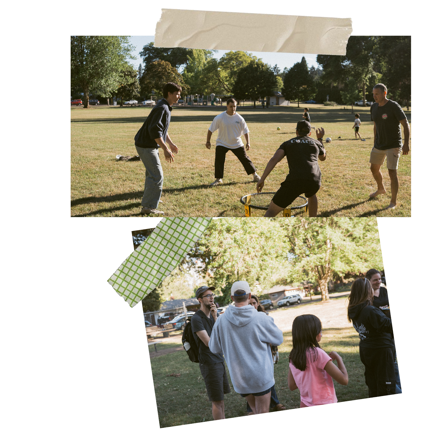 Group of people playing spikeball on a grassy field, with parks and trees in the background and some spectators watching nearby.
