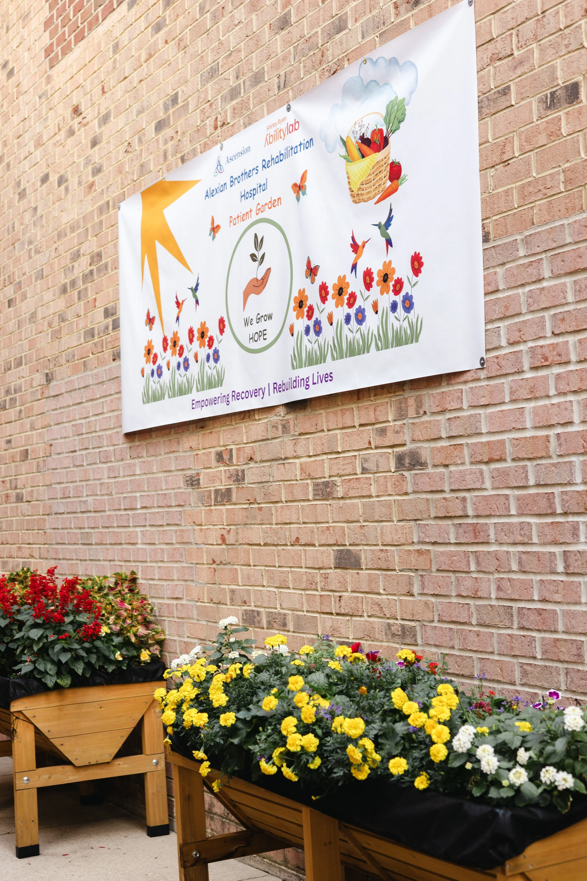 Colorful flower planters with yellow, white, and purple flowers in wooden containers placed against a brick wall. A banner with colorful illustrations and text about a hospital's gardening initiative is visible in the background.