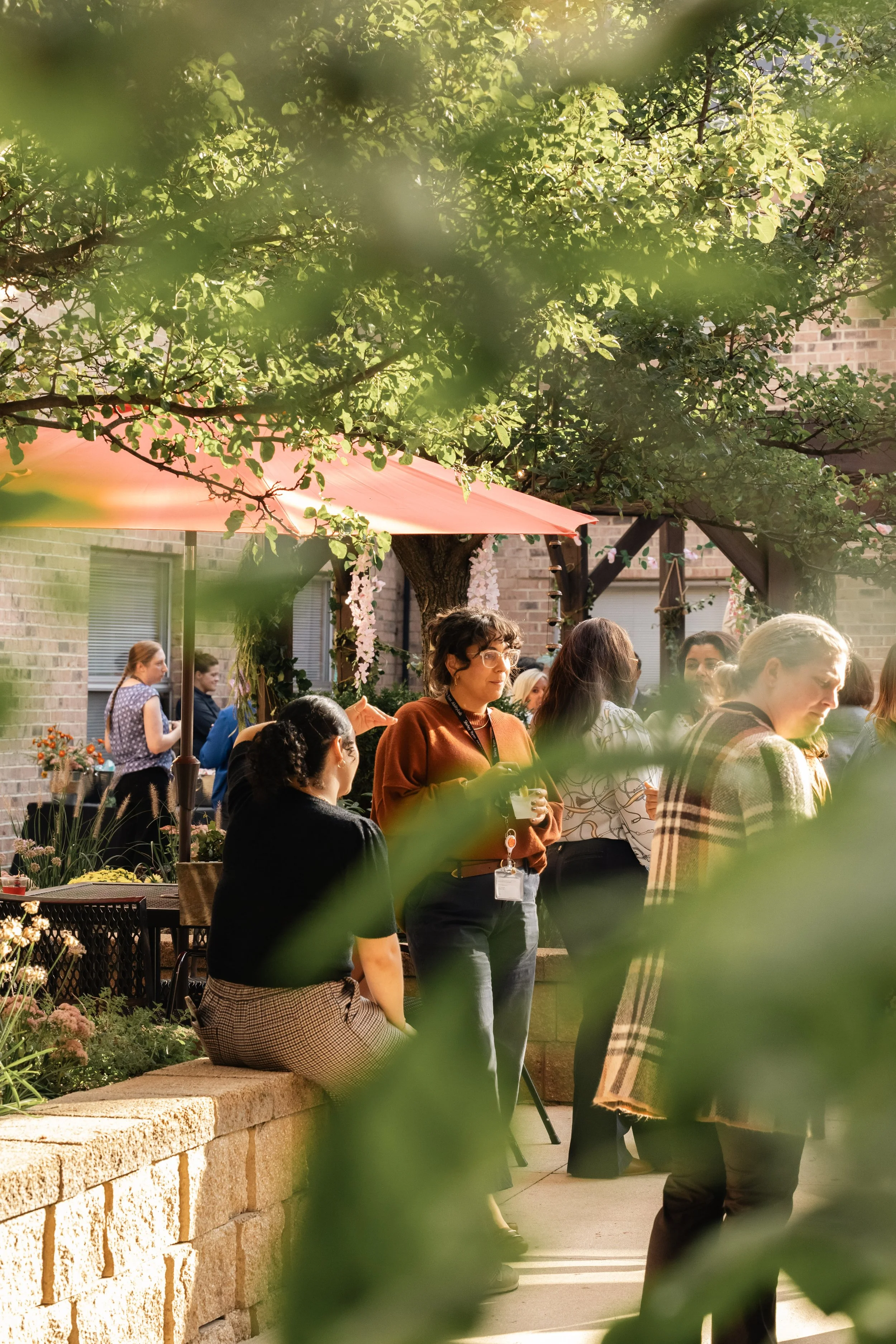 People gather outdoors under green leafy trees with pink umbrellas on a sunny day, some sitting on a stone ledge and others standing and talking, in front of a brick building.