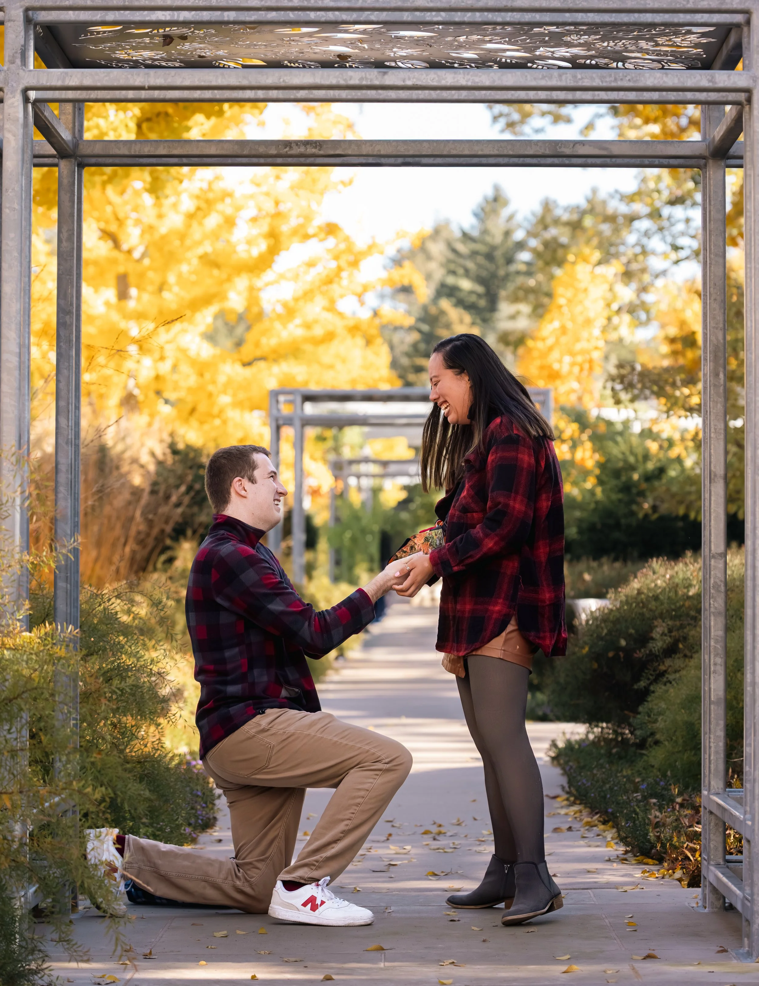A man kneeling on one knee, holding a woman's hand, as she stands on the sidewalk under a metal archway. They are outdoors during autumn, with yellow leaves on the trees and fallen leaves on the ground. The woman is smiling and looking down at the ma