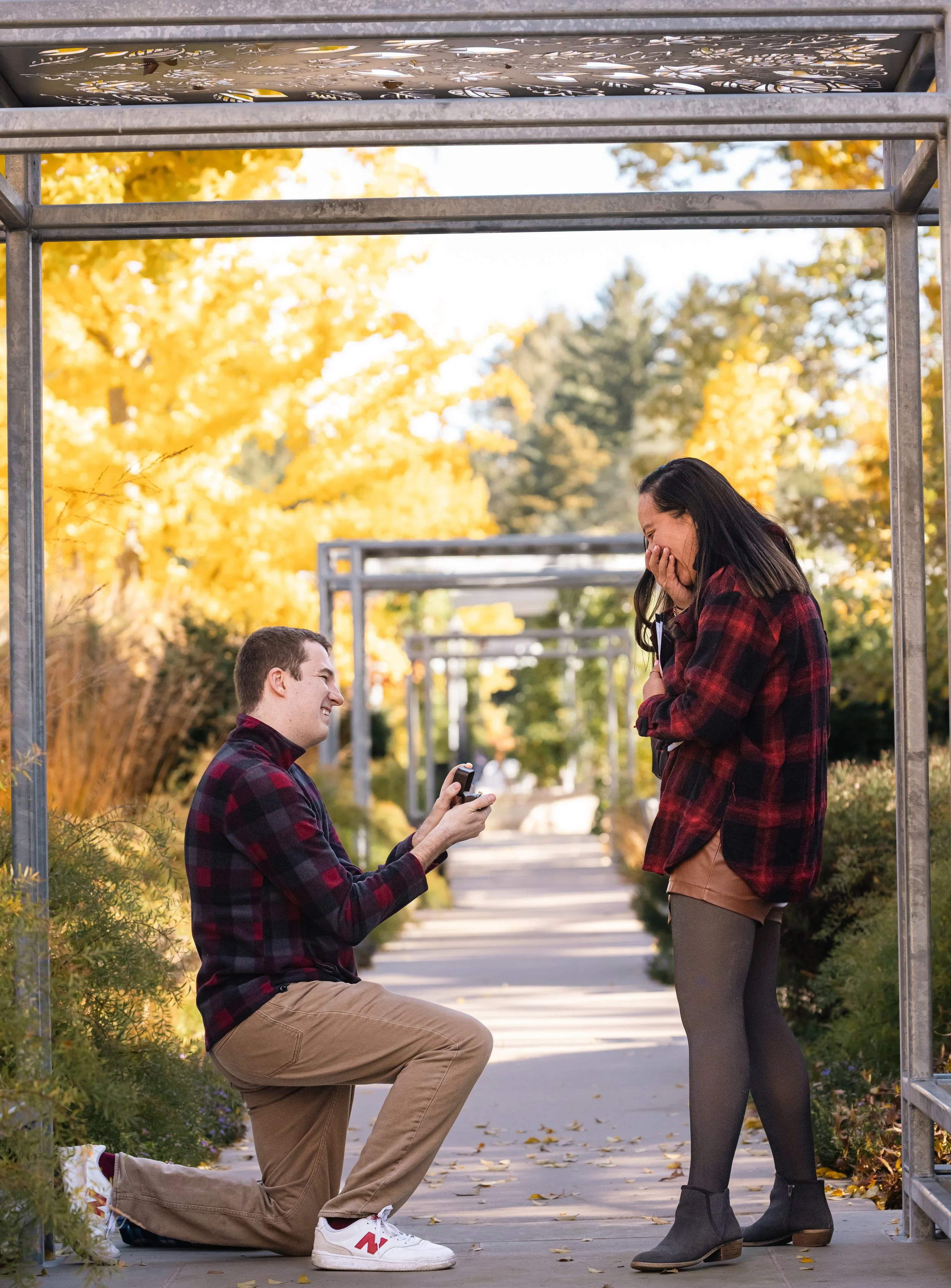A man proposing to a woman in a park during fall, with yellow trees and a pathway in the background.