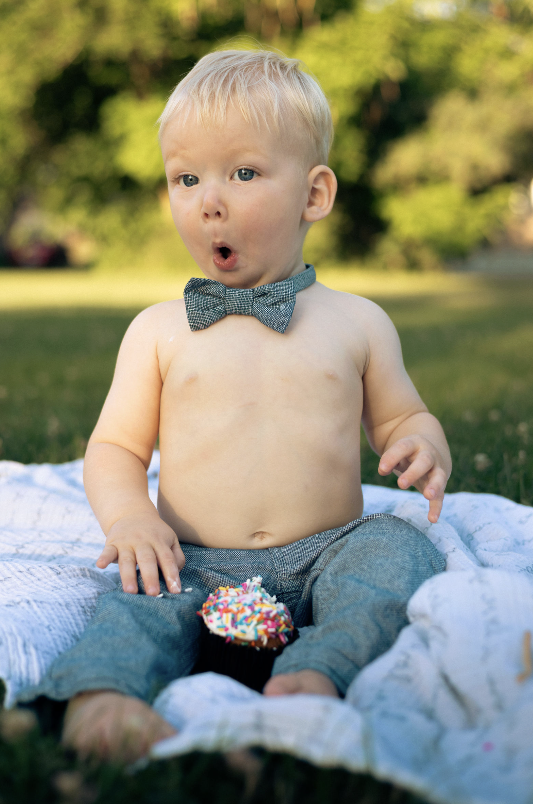 A surprised young boy with blond hair and blue eyes, shirtless, wearing gray pants and a bow tie, sitting outdoors on a blanket with a cupcake in front of him, with trees and greenery in the background.