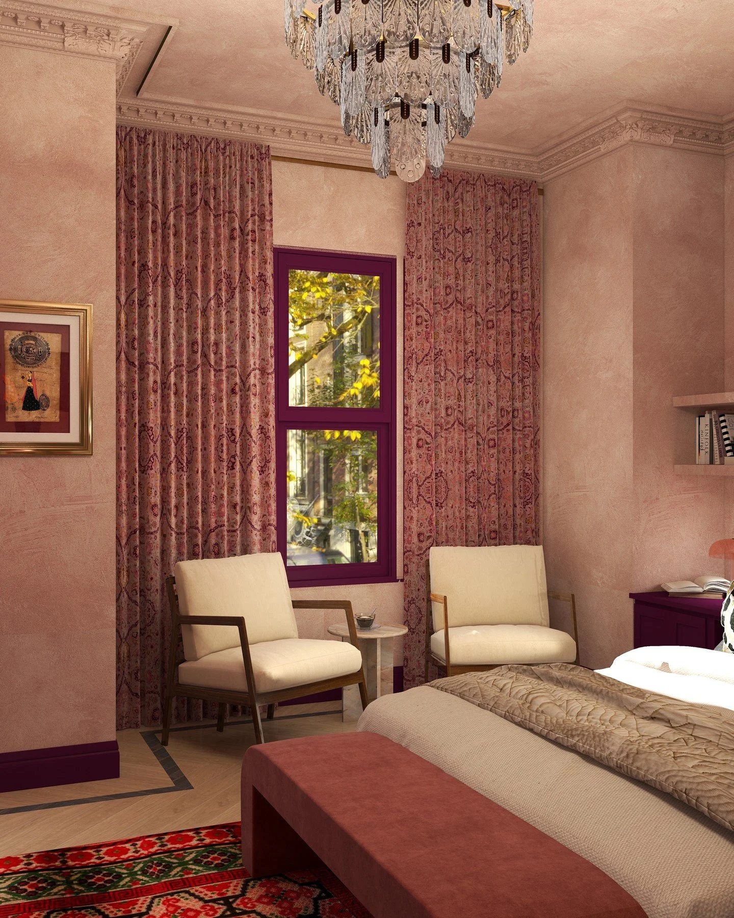 Moody, pink, and unapologetically colorful. Seeing this rendered before install meant we nailed the vibe without a single guess or rework. Honestly, renderings = sanity saver.

Interior Design by Zoe Willis
Renderings by Oar Haus Interiors

#bedroomd