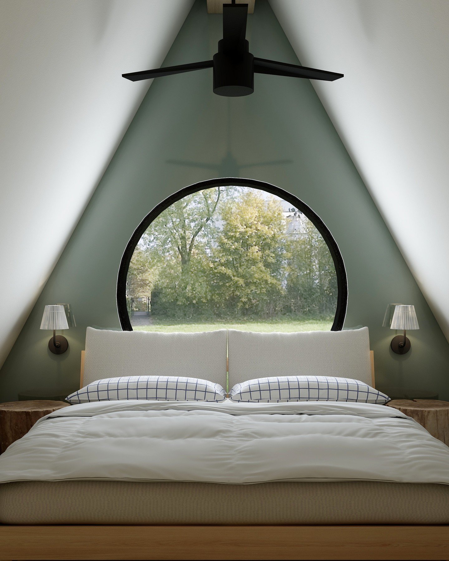 Up the spiral staircase and into calm. This A-frame bedroom mixes texture, sloped ceilings, a round window that lets the glow in for the coziest kind of escape.

This space is a reminder of how powerful a rendering can be, you can feel the quiet. 😴
