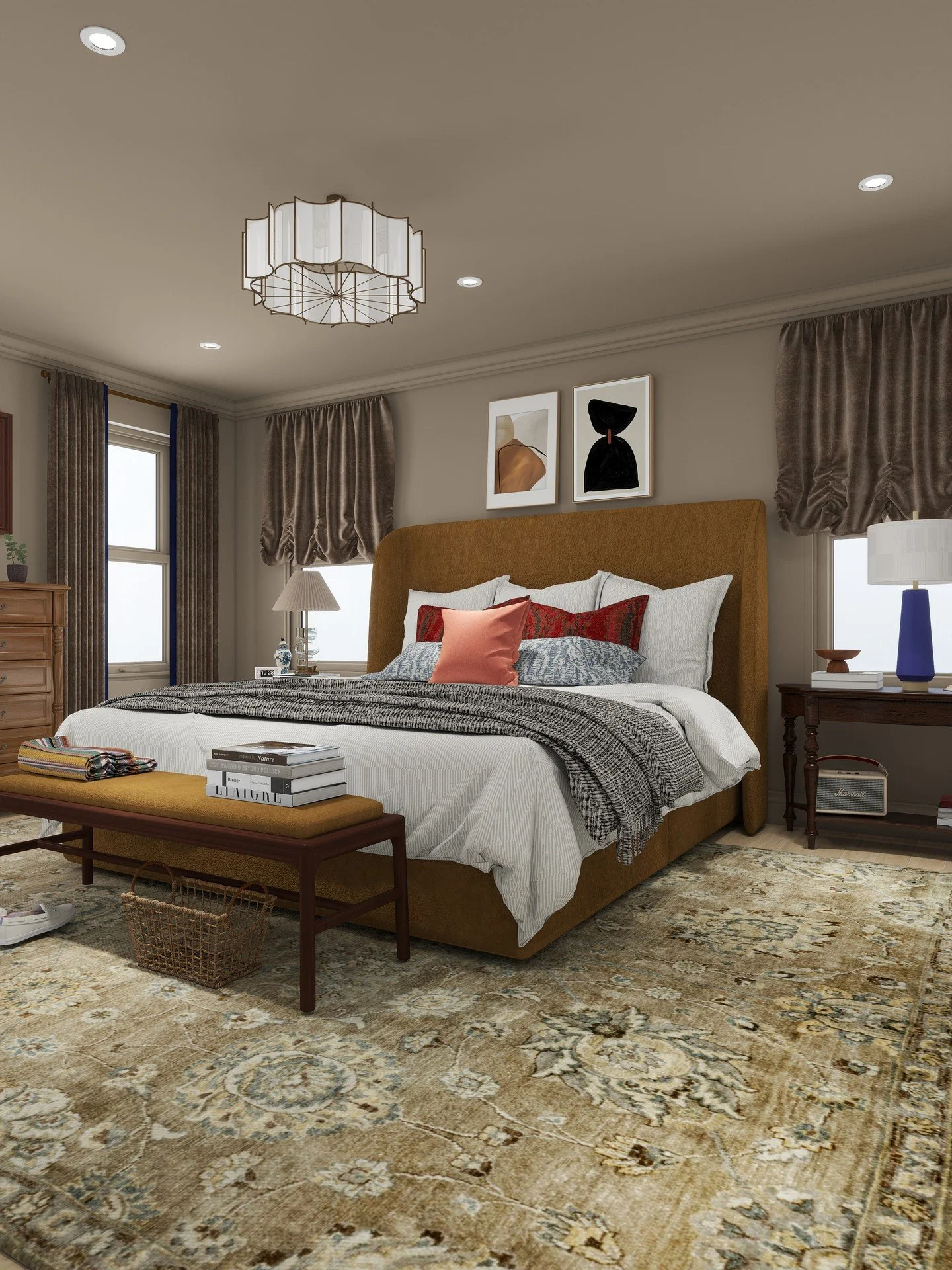 Daylight, evening glow, lights on, lights off, because a bedroom shouldn&rsquo;t only look good at one hour of the day.

This is one of my favorite parts of renderings: being able to see how light changes a space before anything is built. It takes a 