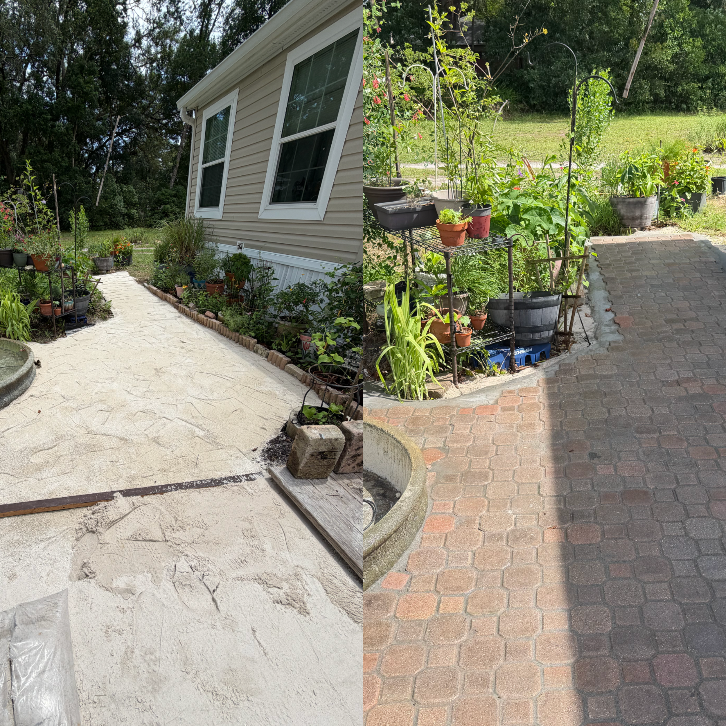 A split image showing two different sections of a garden area. The left side features a garden path with potted plants and a beige house exterior with windows, surrounded by lush trees. The right side shows a garden with plants supported by metal arches and containers, next to a brick-paved area, with a grassy background.