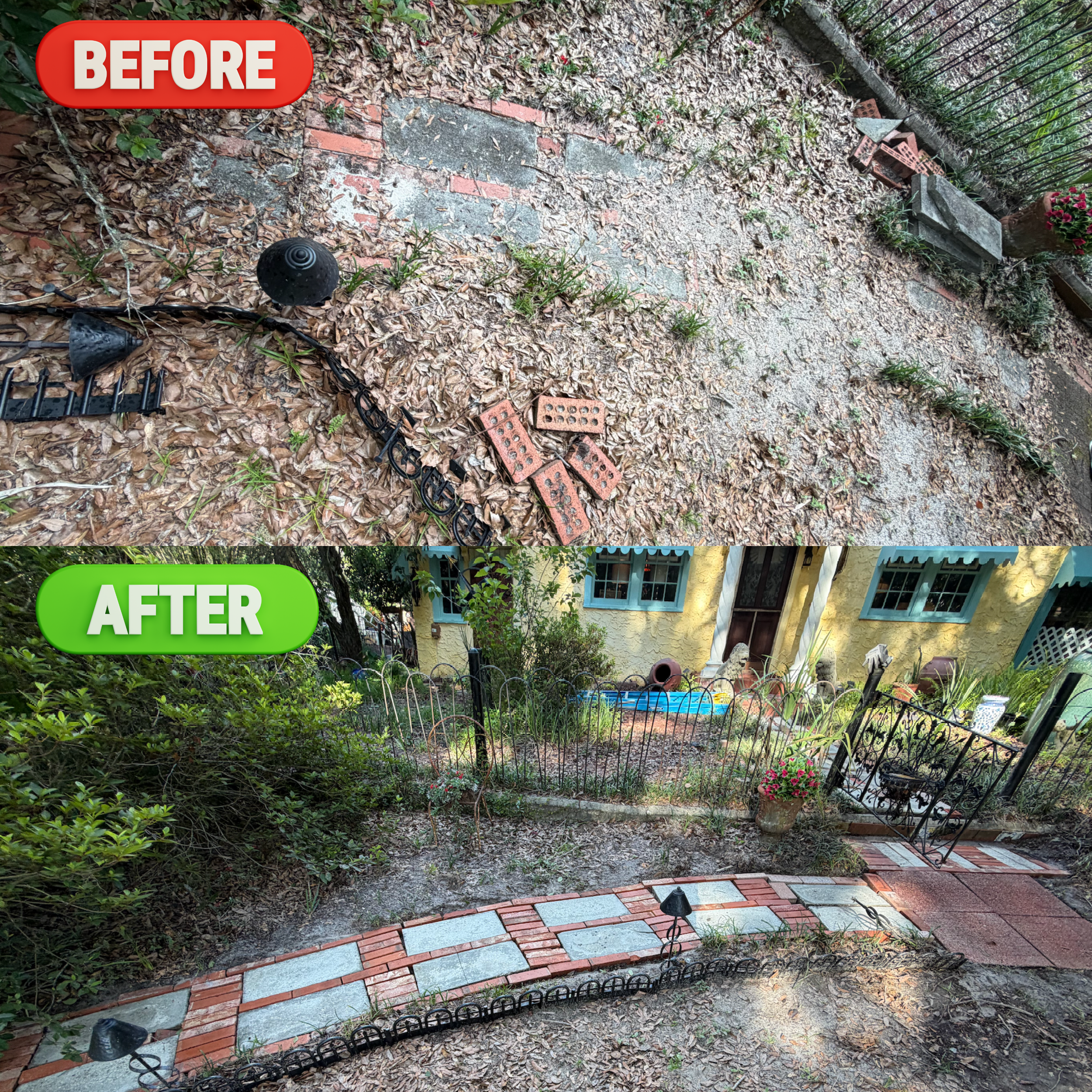 Comparison photo of a backyard garden walkway showing before and after improvements. The upper part labeled 'BEFORE' has a dirt surface with scattered leaves, misaligned bricks, and some weeds. The lower part labeled 'AFTER' features a neat, paved walkway with evenly placed bricks and a well-maintained garden with plants and flowers.