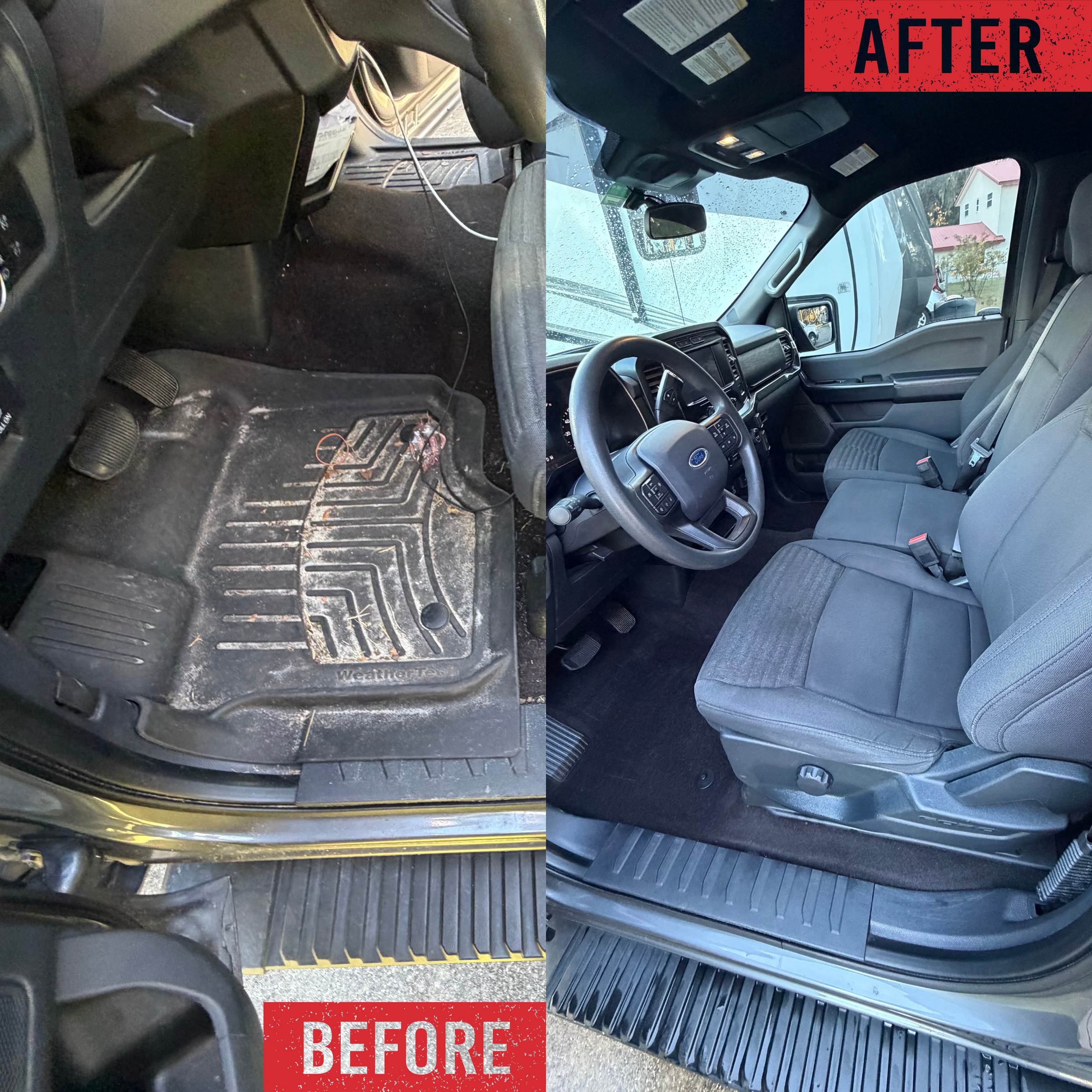 Interior of a vehicle showing a dirty floor mat, a steering wheel, and part of the dashboard, with an 'After' label indicating cleaning or detailing. The vehicle's windshield wipers are visible through the windshield mostly covered with rain.