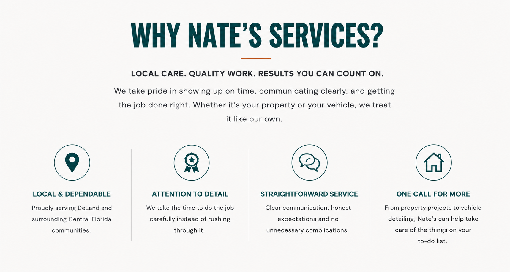 A webpage showcasing why to choose Nate's services. It highlights local dependability, attention to detail, straightforward service, and availability for more help, with icons representing each point.