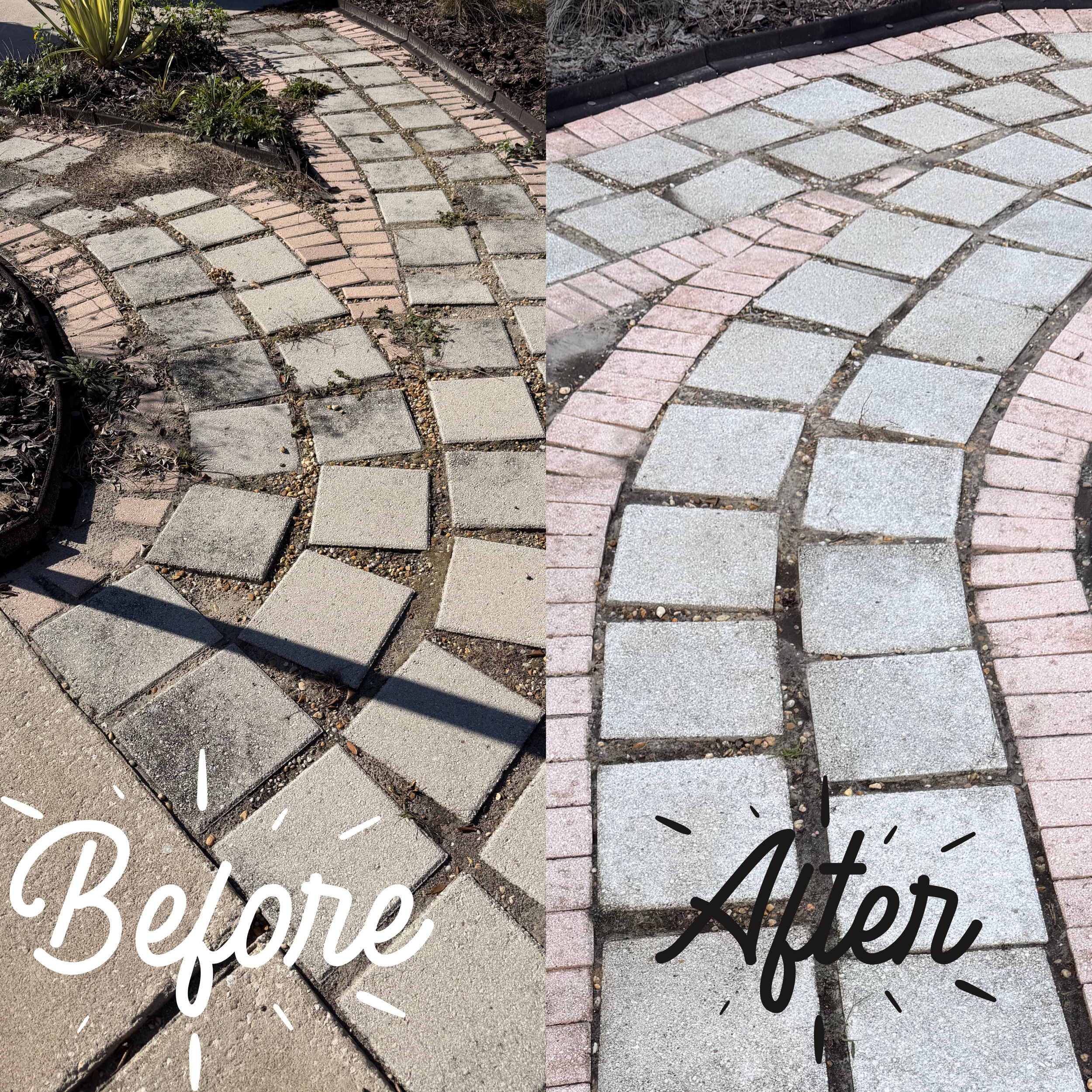 Pressure washed walkway before and after pressure cleaning