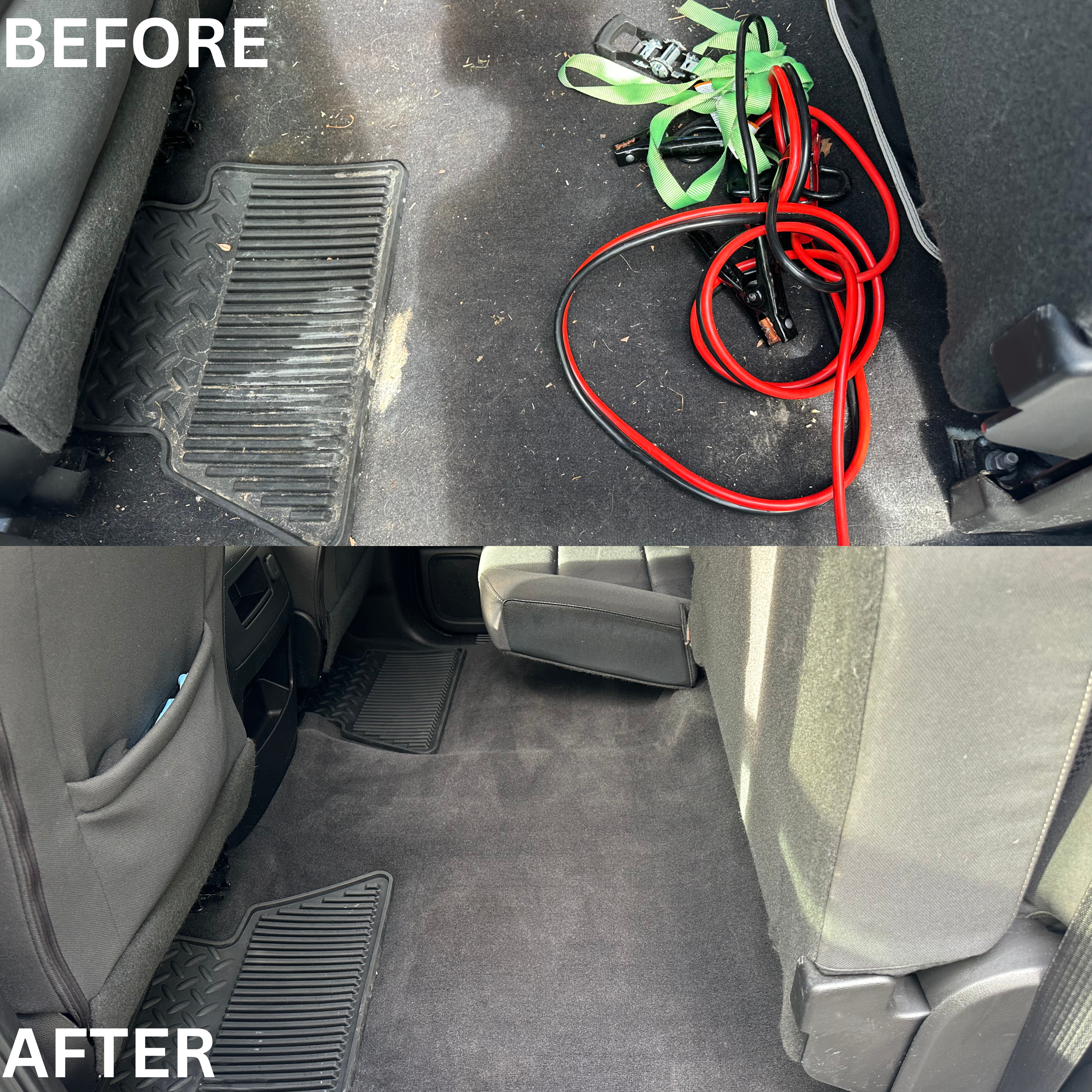 Comparison of the car floor area with and without cleaning. The top image shows a dirty car floor with visible debris, dirt, and dust. The bottom image shows the same area clean, with no debris or dirt, indicating it has been cleaned.