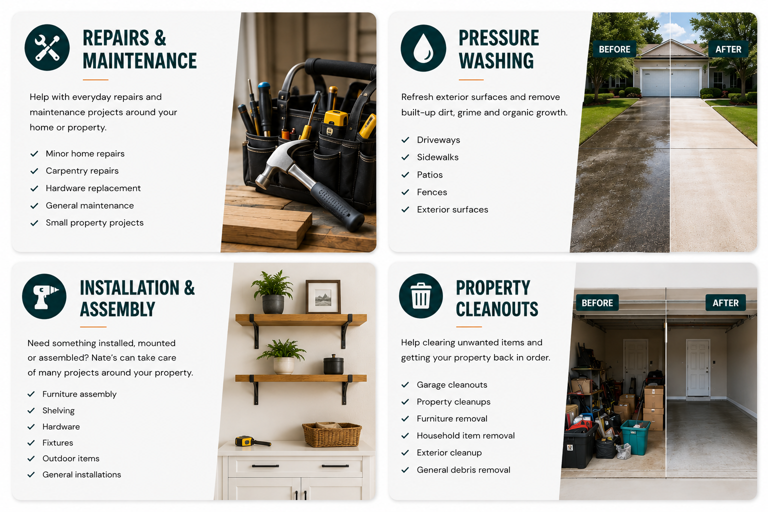 A digital infographic describes home repair services, including repairs and maintenance, pressure washing, installation and assembly, and property cleanouts. It shows a before and after driveway cleaning, a tool bag, interior shelving projects, and a garage clea-nout with organized tools and items.