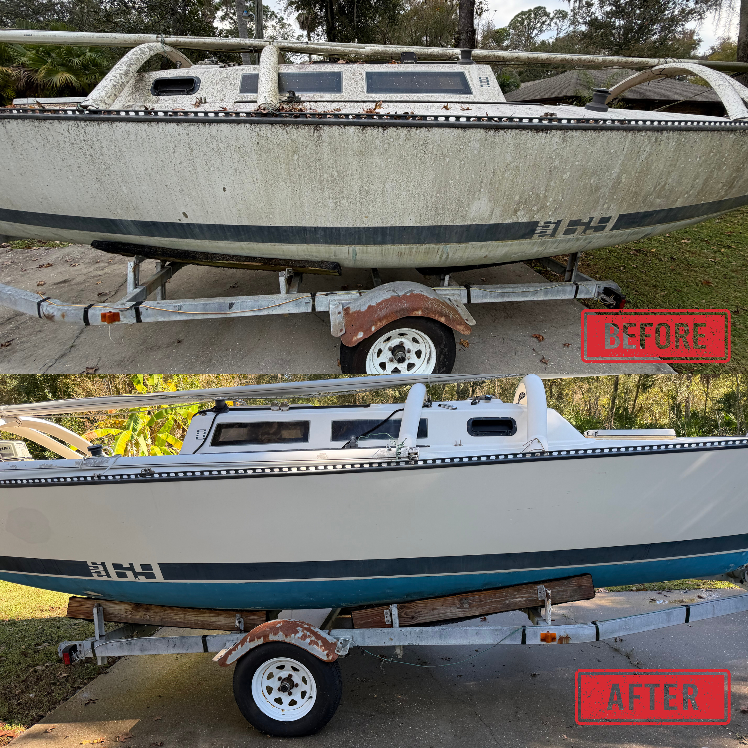 Comparison of a dirty boat before and after cleaning, showing the boat on a trailer with a visible dirt and grime on its surface, with the bottom image labeled 'AFTER' showing a cleaned boat.
