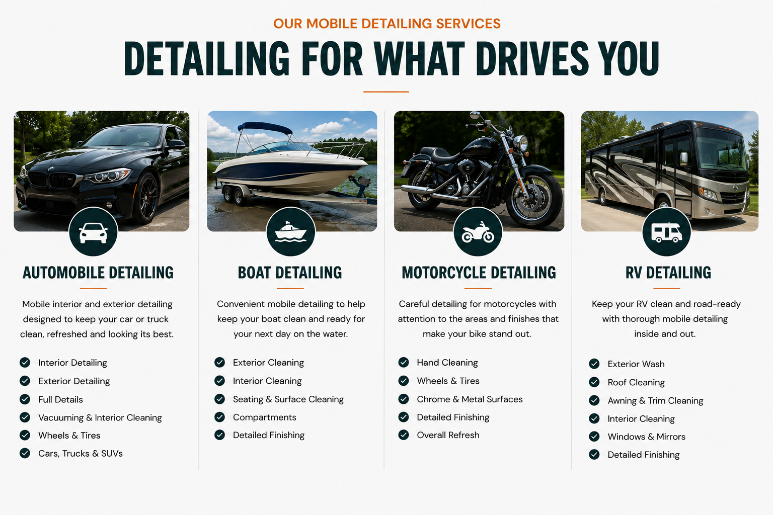 Graphic promoting mobile detailing services with four sections: Automobile Detailing with a black car, Boat Detailing with a boat on a trailer, Motorcycle Detailing with a motorcycle, and RV Detailing with an RV, each listing specific services provided.