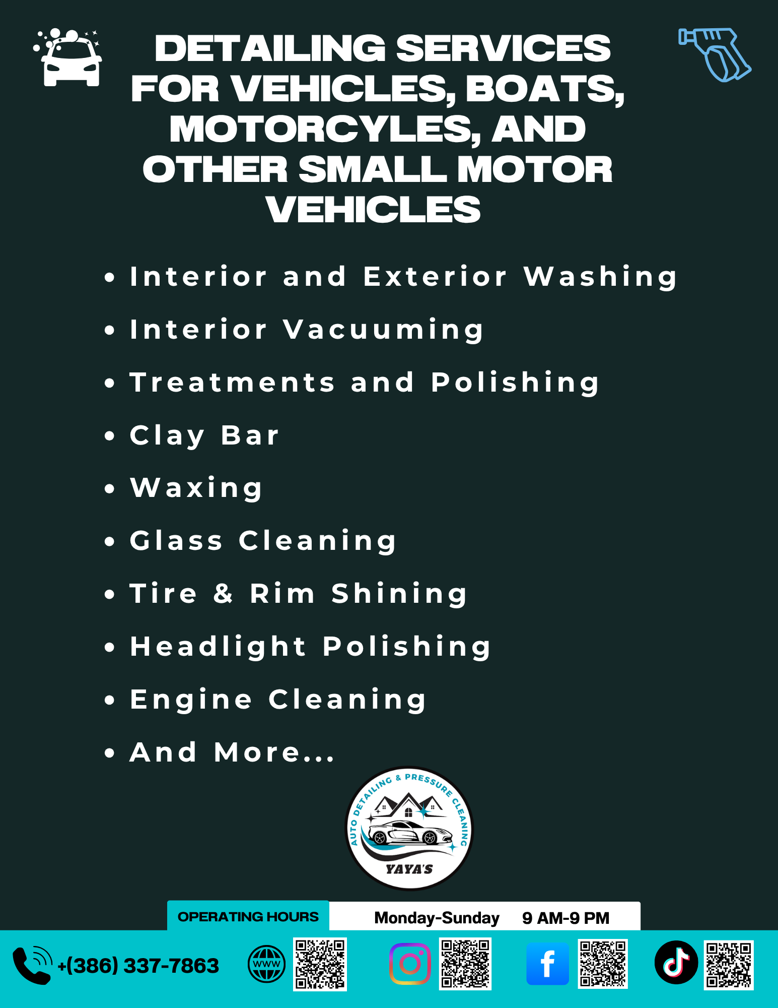 Professional auto detailing in DeLand Florida for cars, boats, and motorcycles including interior vacuuming, waxing, headlight polishing, and engine cleaning.
