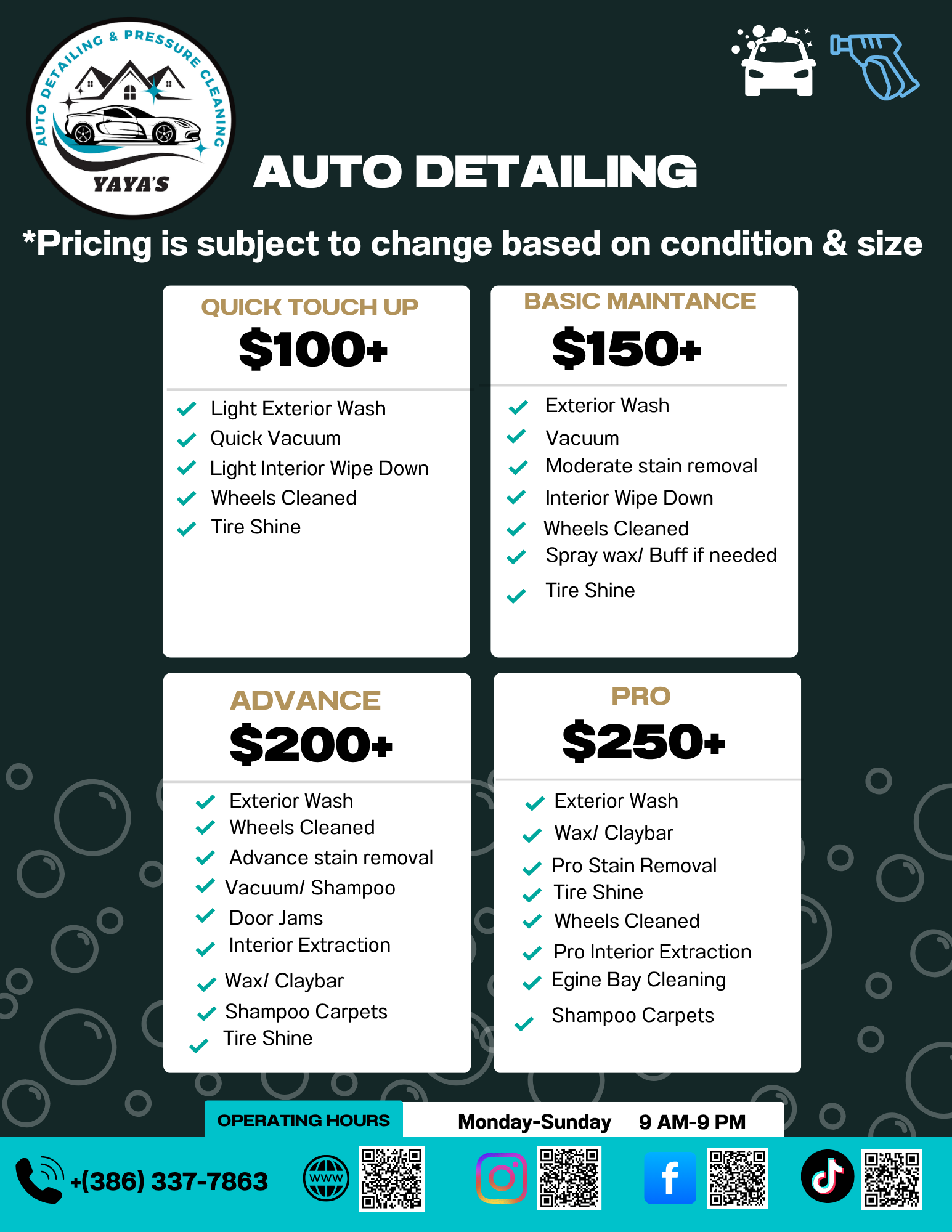 A digital advertisement for auto detailing services with different package options and prices, including quick touch-up, basic maintenance, advance, and pro packages, each with a list of services. The ad includes business hours, contact information, social media icons, and QR codes at the bottom.