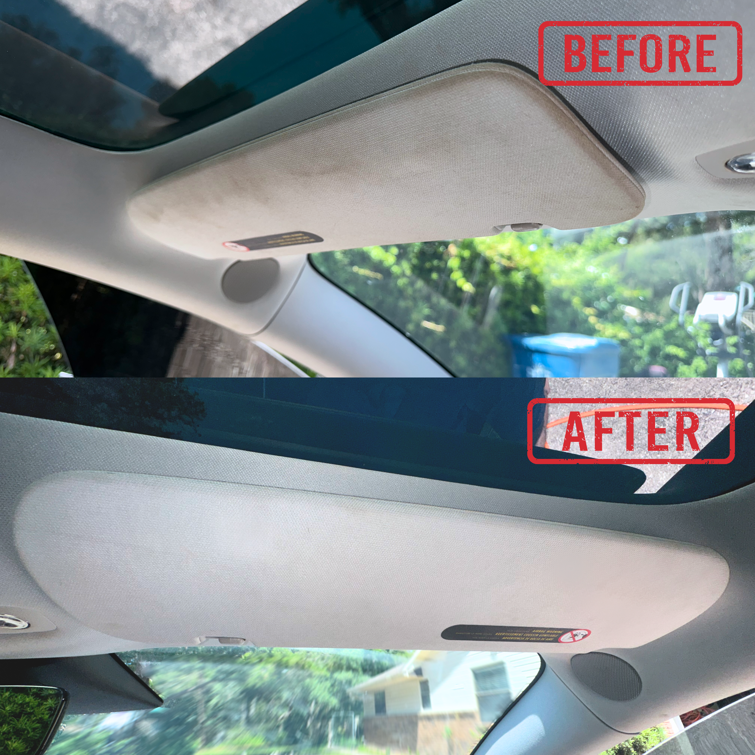 Interior shot of a car's ceiling showing a beige fabric overhead console with a closed compartment, with a 'BEFORE' stamp in red in the upper right corner and an 'AFTER' stamp in red in the lower right corner.